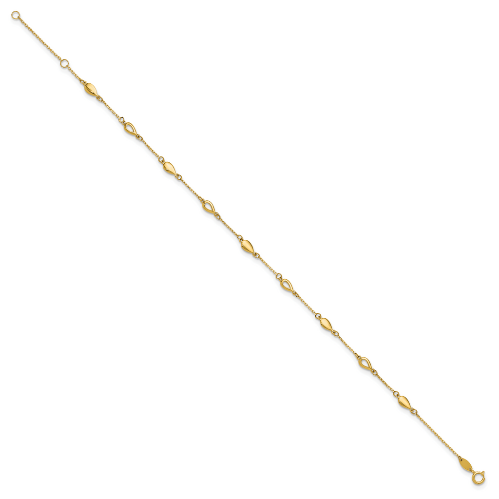 14K Polished Teardrop 9 inch Plus 1 inch Extender - Total 10 inch Anklet