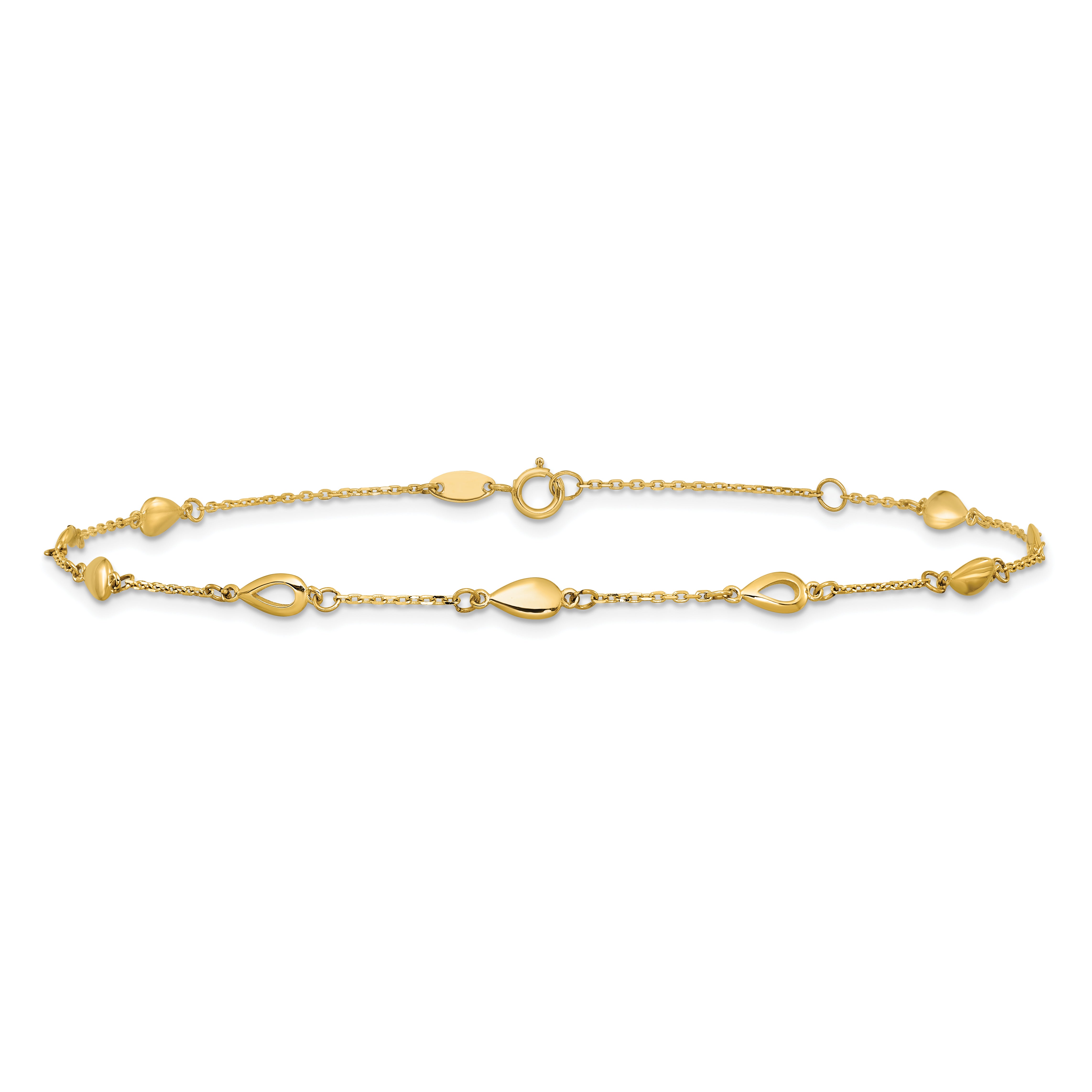 14K Polished Teardrop 9 inch Plus 1 inch Extender - Total 10 inch Anklet