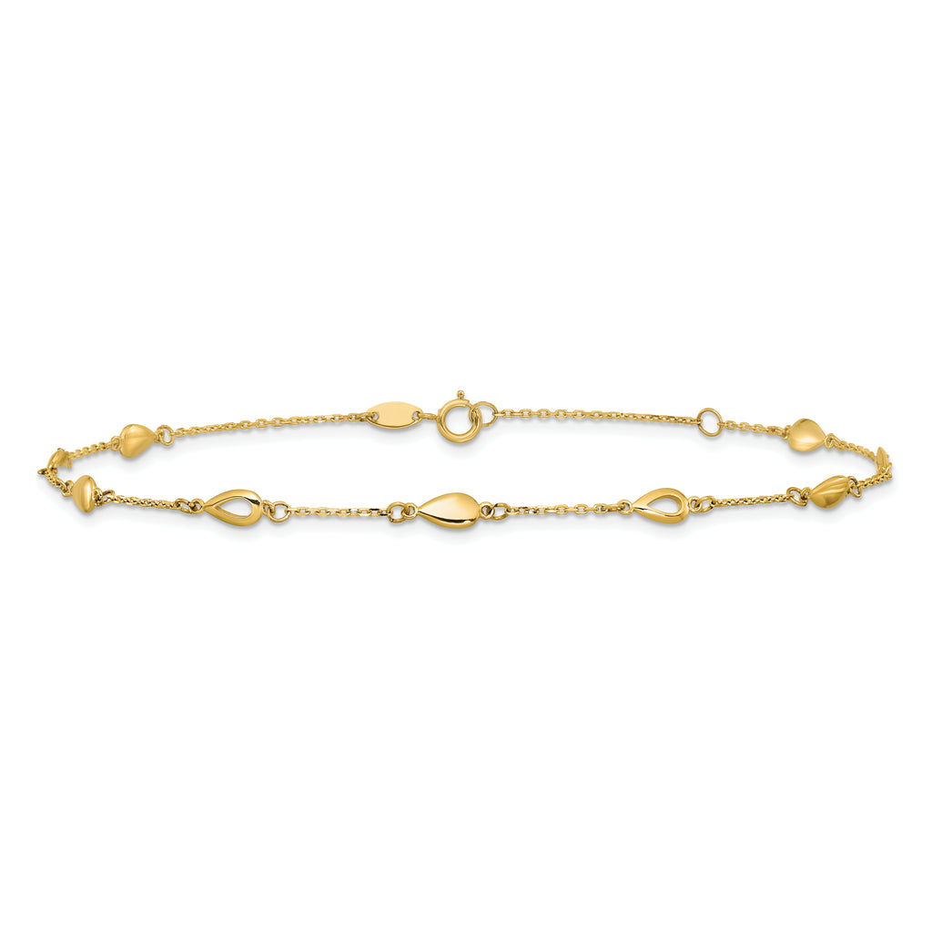 14K Polished Teardrop 9 inch Plus 1 inch Extender - Total 10 inch Anklet