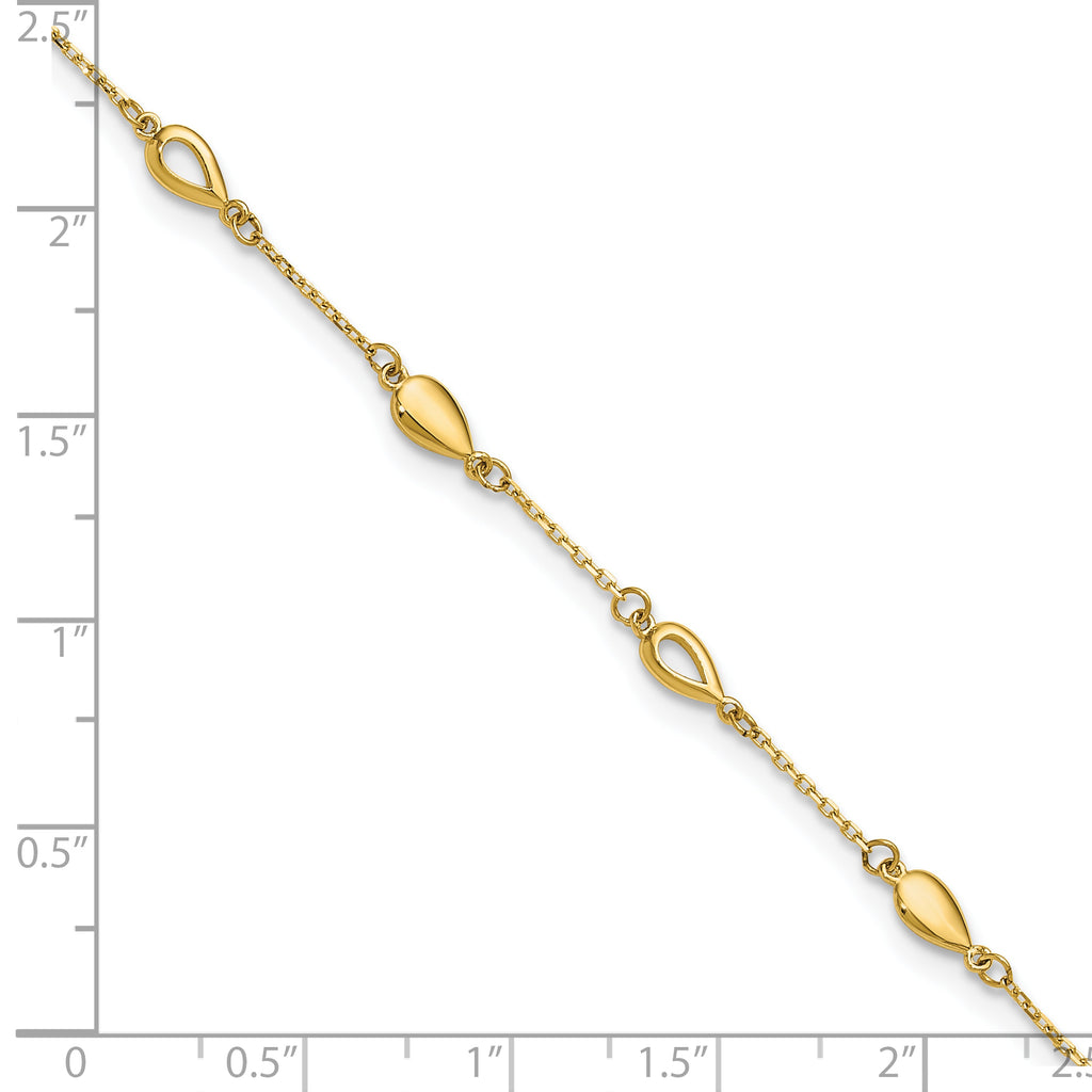 14K Polished Teardrop 9 inch Plus 1 inch Extender - Total 10 inch Anklet