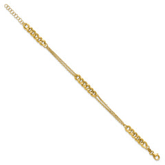 14K Polished/Dia-cut 2-Strand Fancy Link w/1in ext. Bracelet