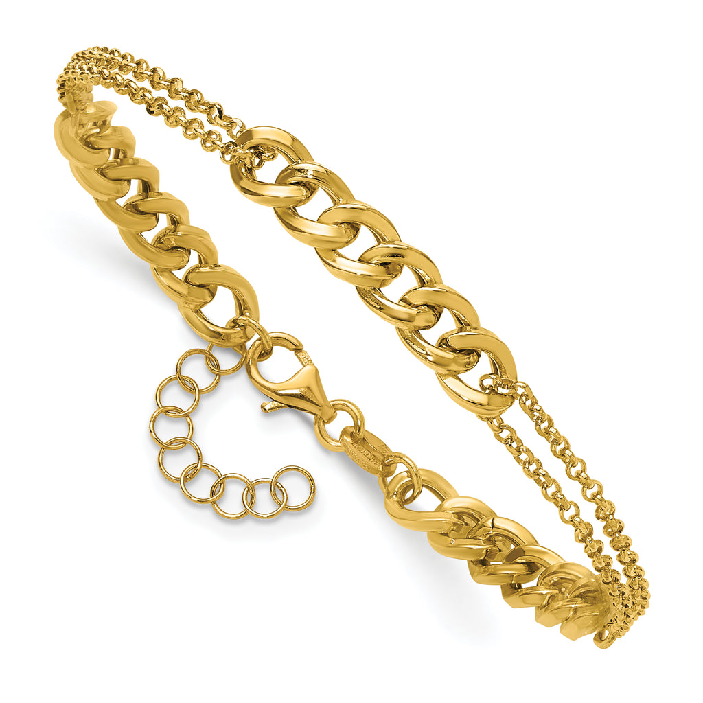 14K Polished/Dia-cut 2-Strand Fancy Link w/1in ext. Bracelet