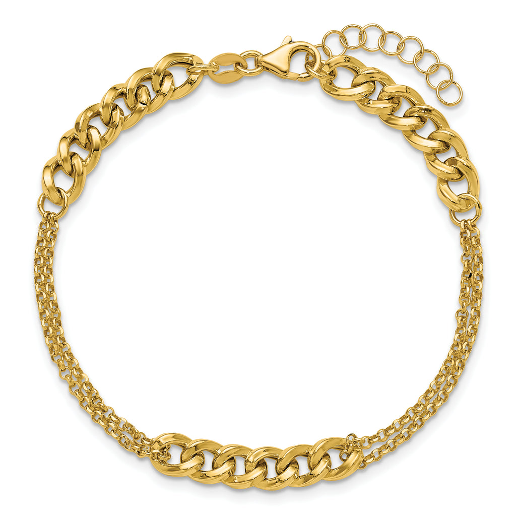 14K Polished/Dia-cut 2-Strand Fancy Link w/1in ext. Bracelet