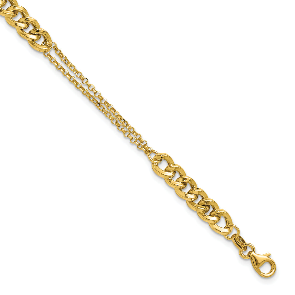 14K Polished/Dia-cut 2-Strand Fancy Link w/1in ext. Bracelet