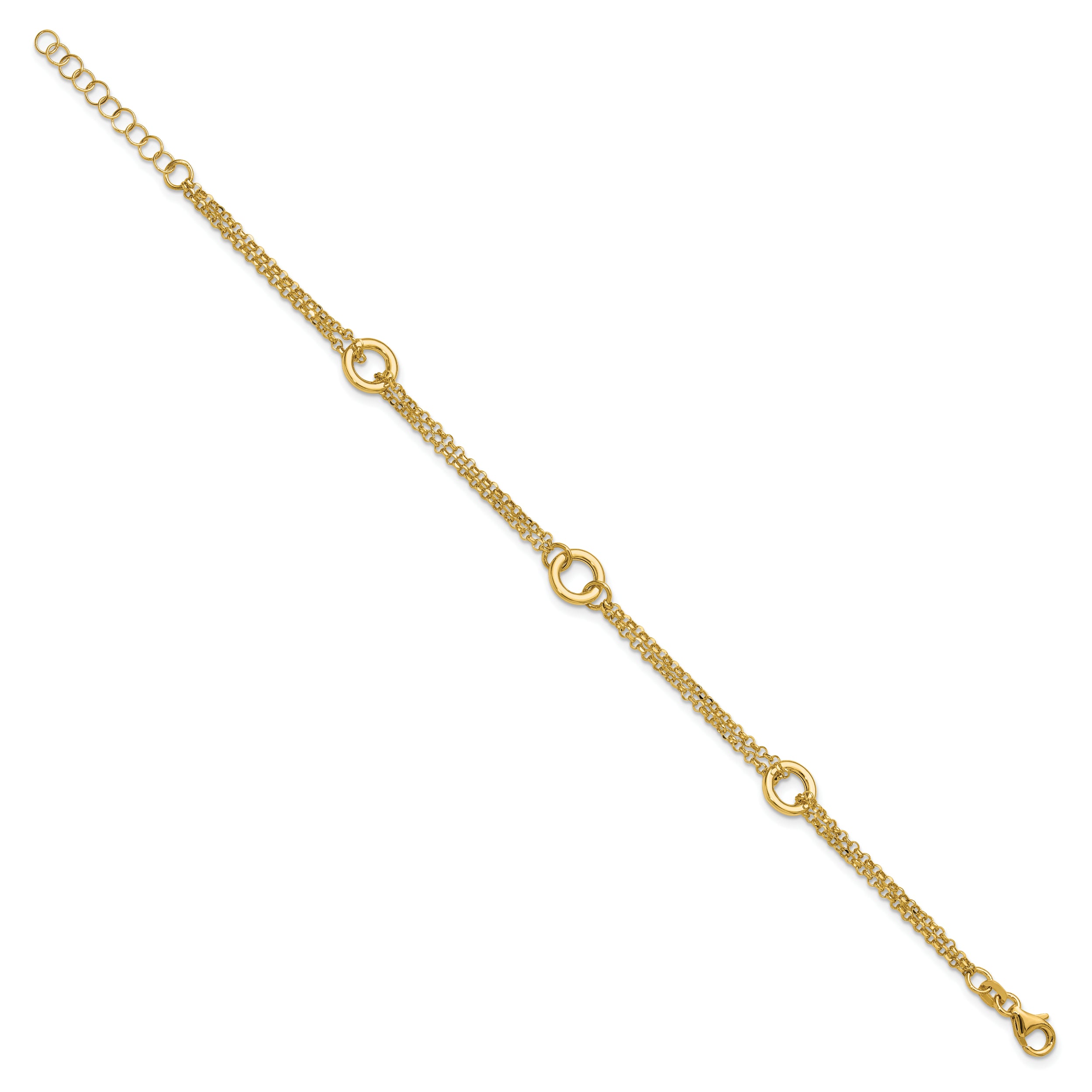 14K Polished/Dia-cut 2-Strand Circle Link w/1in ext. Bracelet