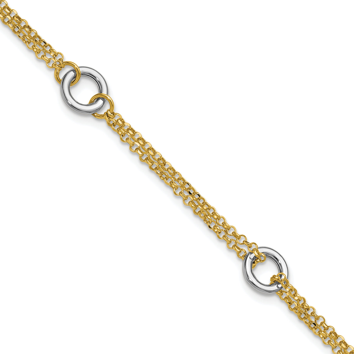 14K Two-tone Gld Polish/Dia-cut 2-Strand Circle Link w/1in ext. Br