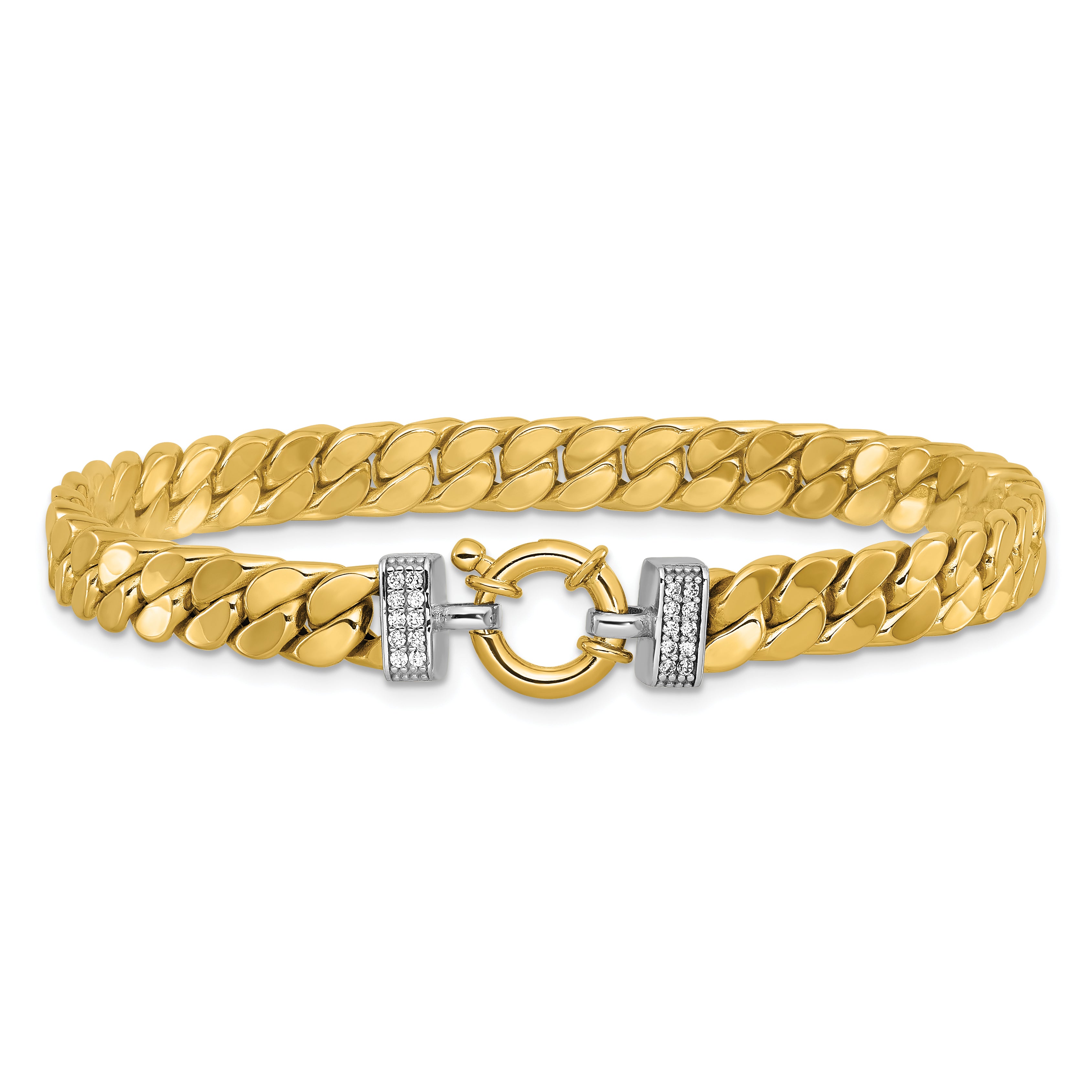 14K Two-tone CZ Polished Fancy Curb Bracelet
