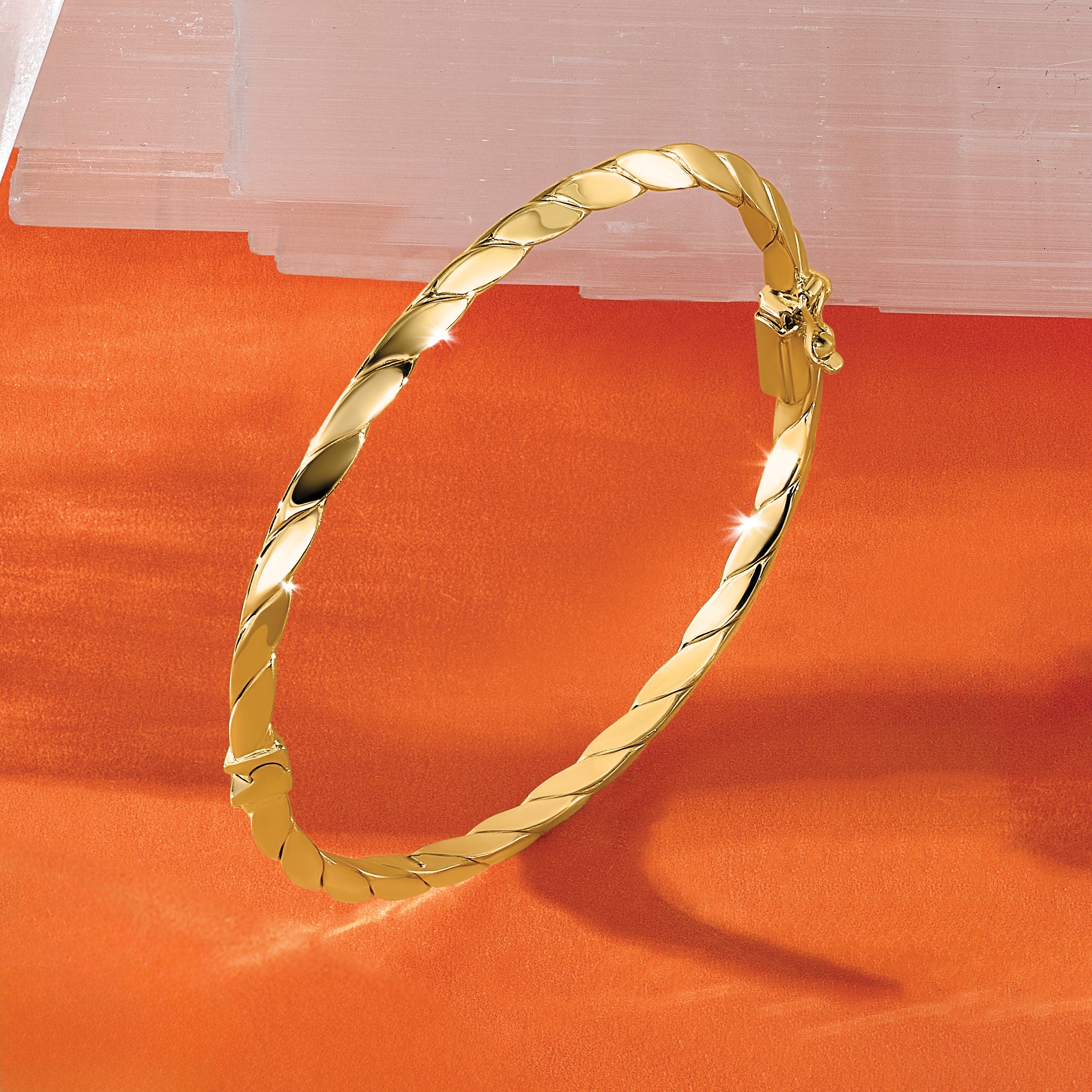 14K Polished and Grooved Fancy Hinged Bangle