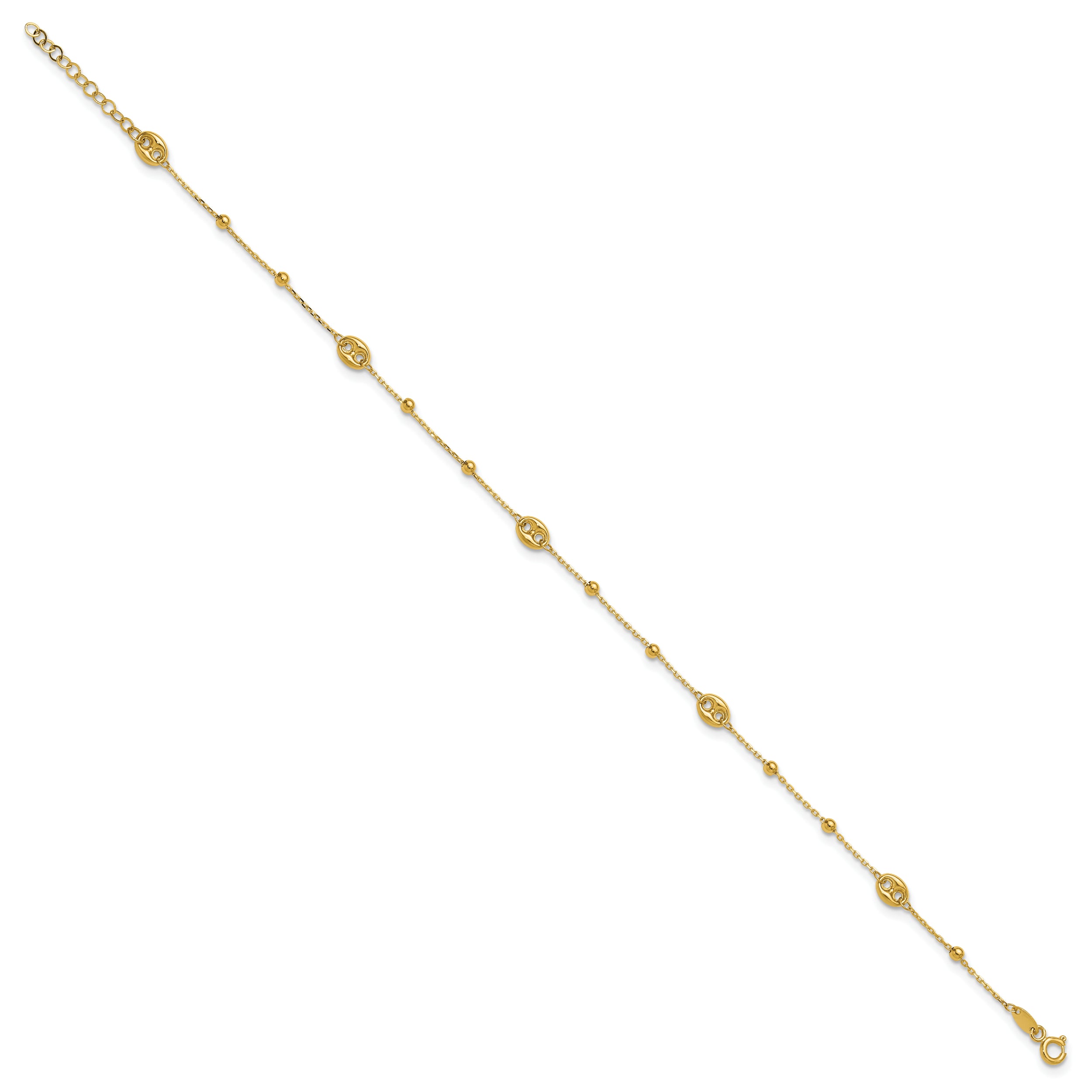 14K Puffed Mariner Beaded 9 inch Plus 1 inch Extender - Total 10 inch Anklet