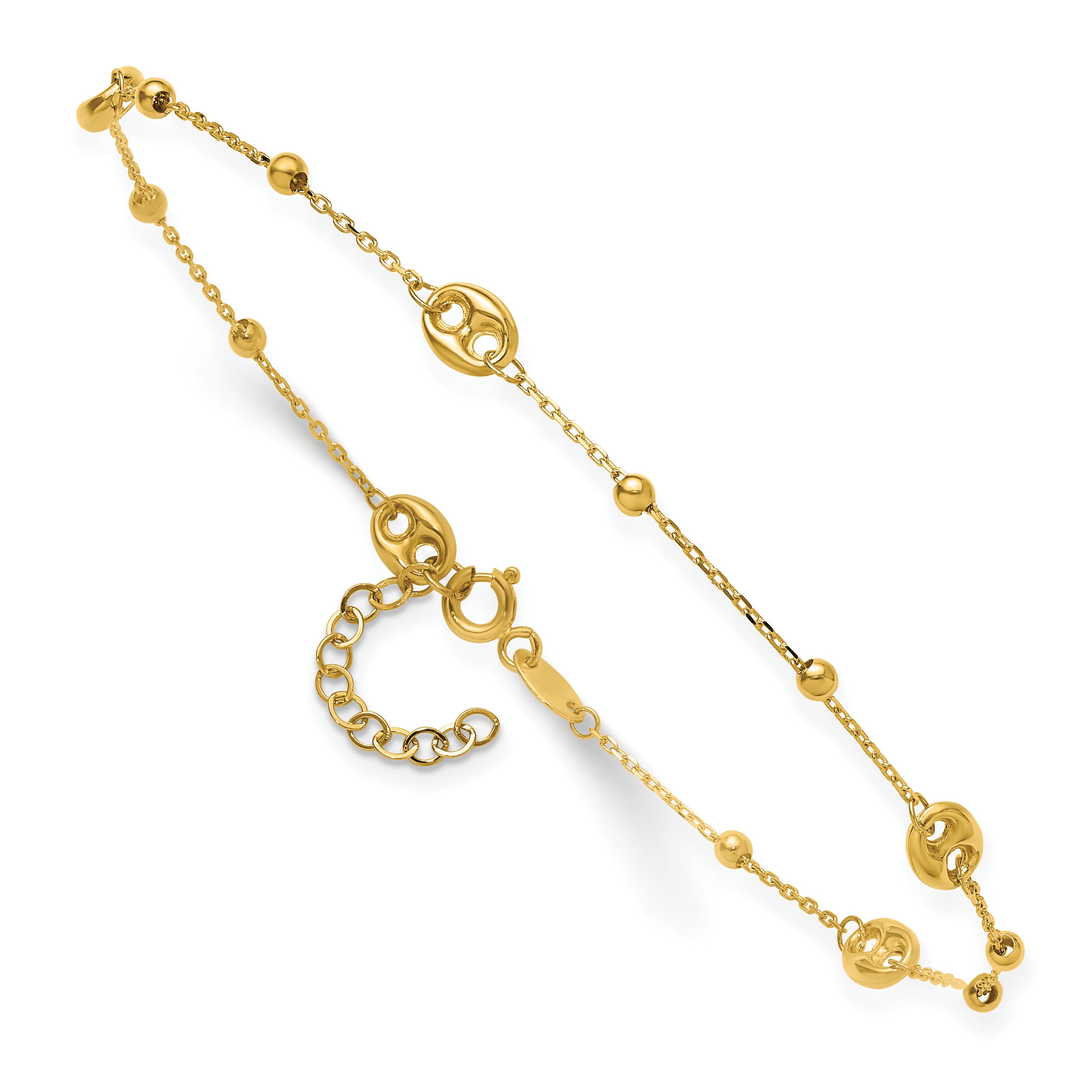 14K Puffed Mariner Beaded 9 inch Plus 1 inch Extender - Total 10 inch Anklet