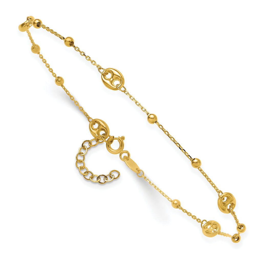 14K Puffed Mariner Beaded 9 inch Plus 1 inch Extender - Total 10 inch Anklet