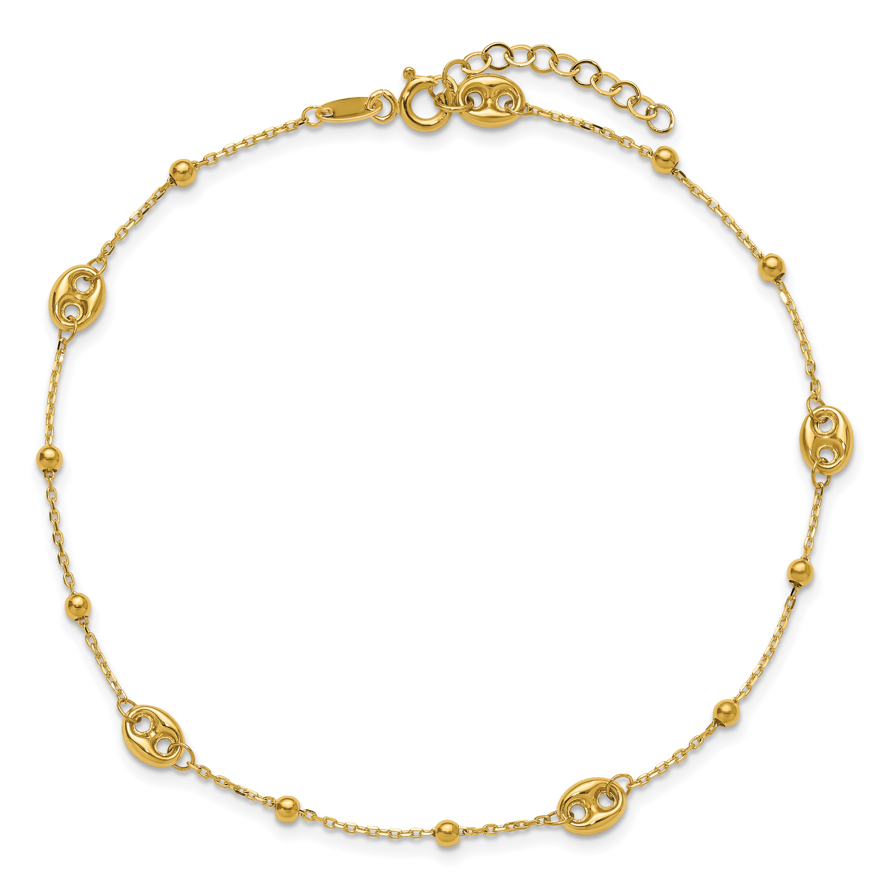 14K Puffed Mariner Beaded 9 inch Plus 1 inch Extender - Total 10 inch Anklet