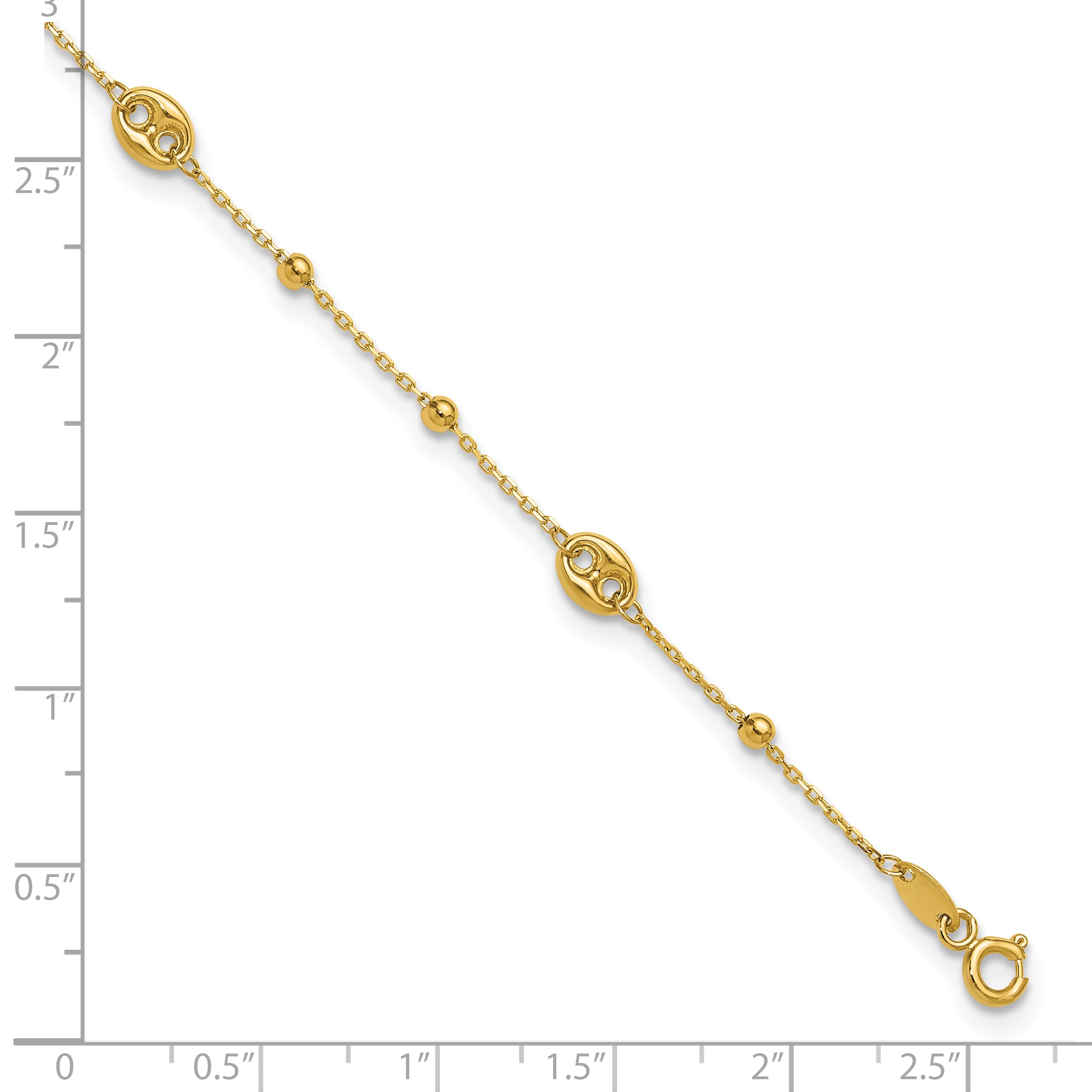14K Puffed Mariner Beaded 9 inch Plus 1 inch Extender - Total 10 inch Anklet
