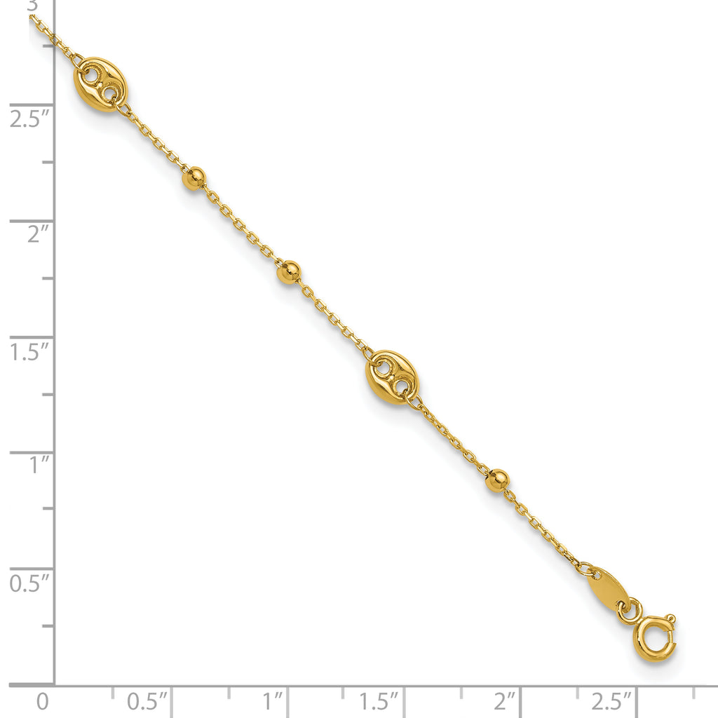 14K Puffed Mariner Beaded 9 inch Plus 1 inch Extender - Total 10 inch Anklet