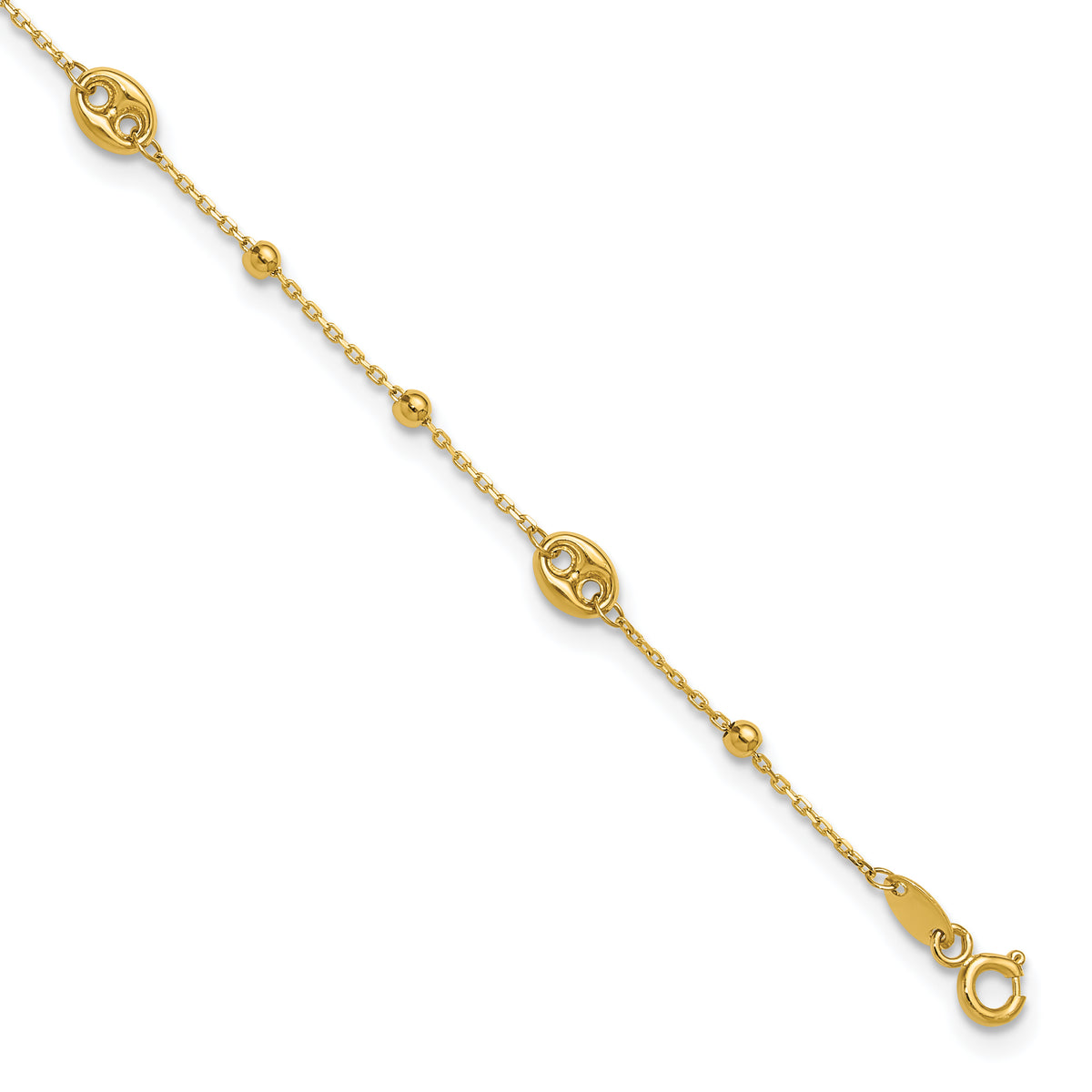 14K Puffed Mariner Beaded 9 inch Plus 1 inch Extender - Total 10 inch Anklet