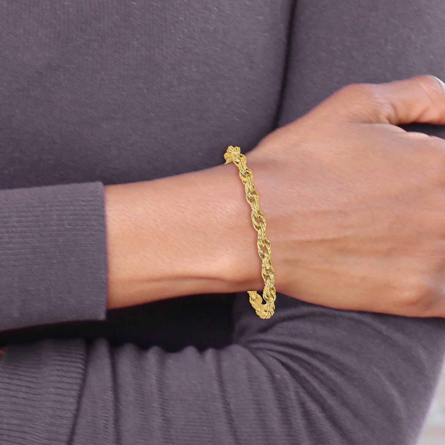 14K Polished/Textured/Dia-cut Twisted Link Bracelet