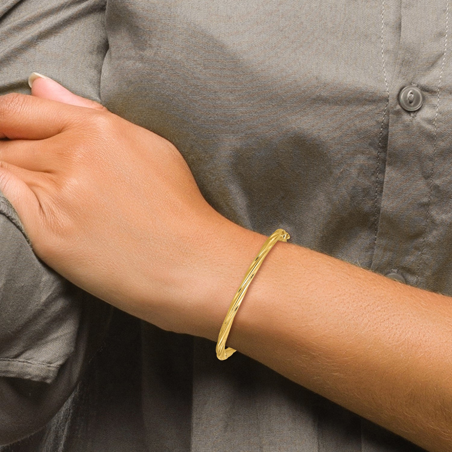 14K Polished and Textured Twist Hinged Bangle