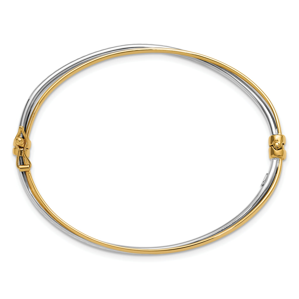 14K w/Rhodium Polished/Diamond-cut Twist Hinged Bangle