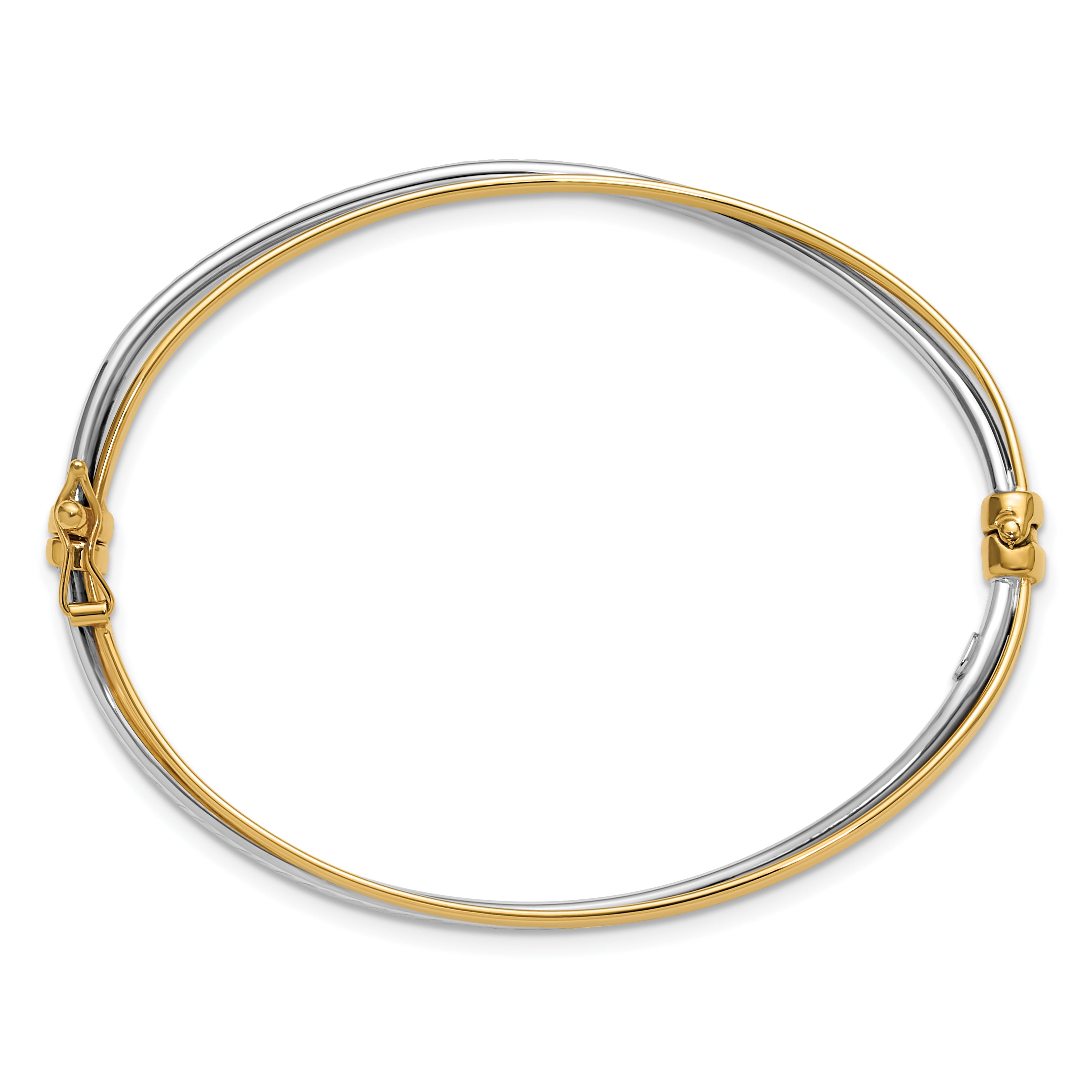 14K w/Rhodium Polished/Diamond-cut Twist Hinged Bangle