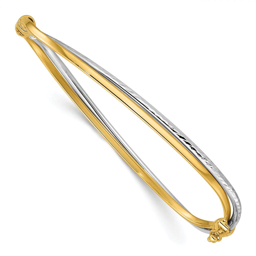 14K w/Rhodium Polished/Diamond-cut Twist Hinged Bangle