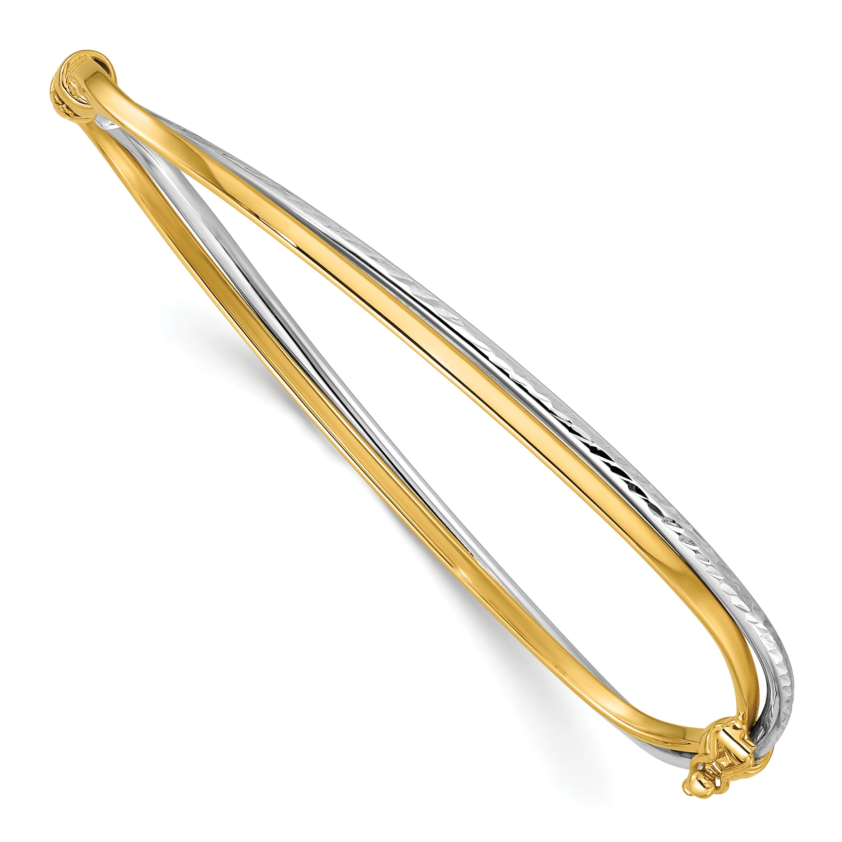 14K w/Rhodium Polished/Diamond-cut Twist Hinged Bangle