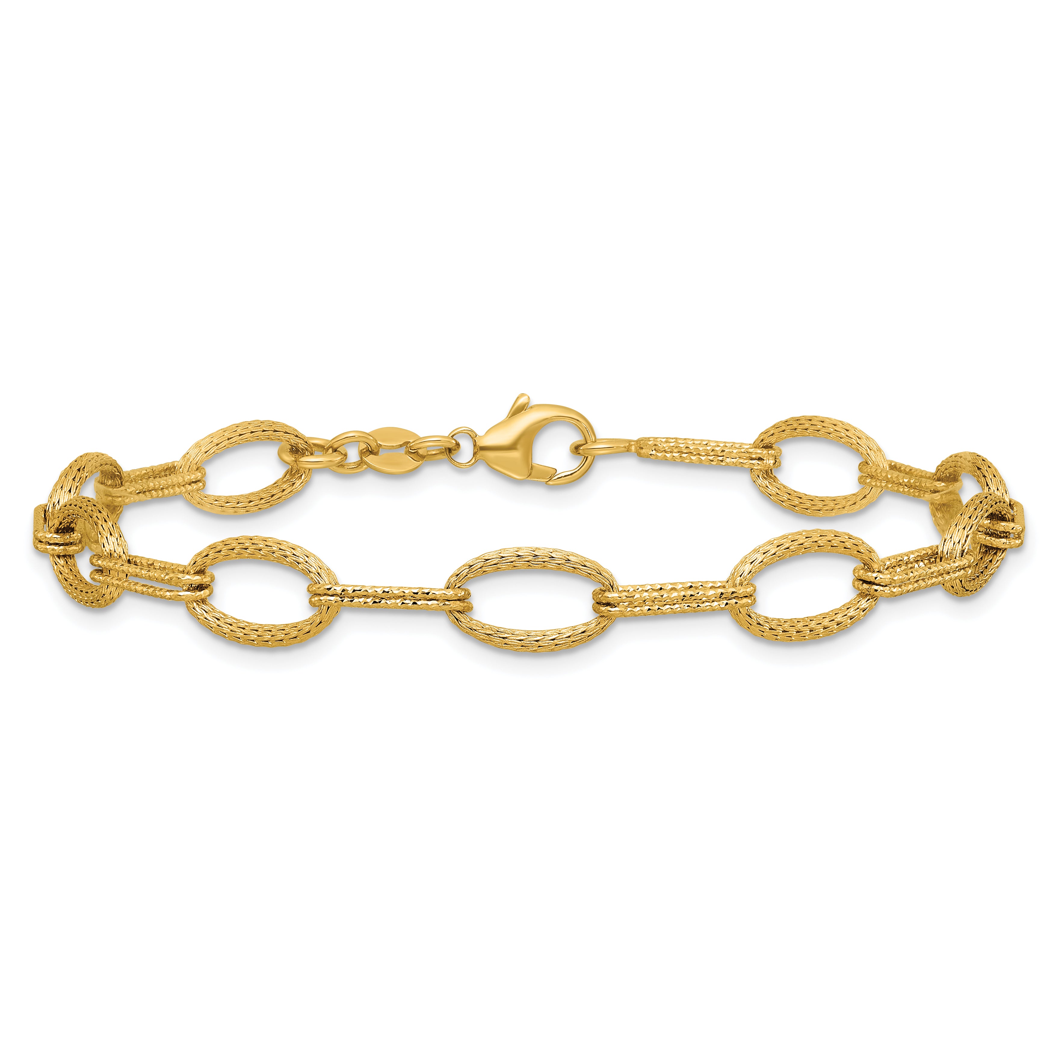 14K Polish/Texture/Dia-cut Fancy Oval Link Bracelet