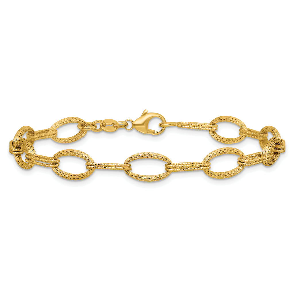 14K Polish/Texture/Dia-cut Fancy Oval Link Bracelet