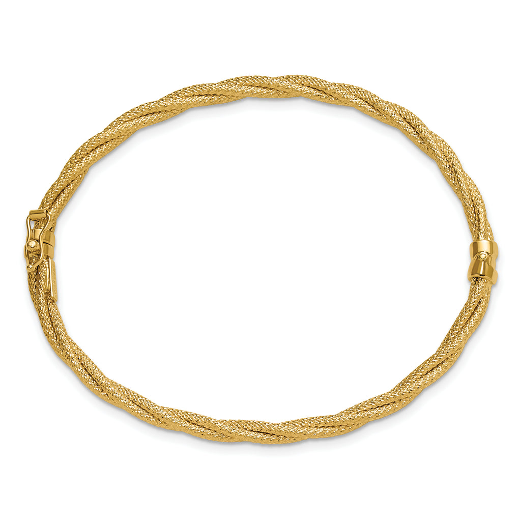 14K Polished and Textured Twisted Hinged Bangle