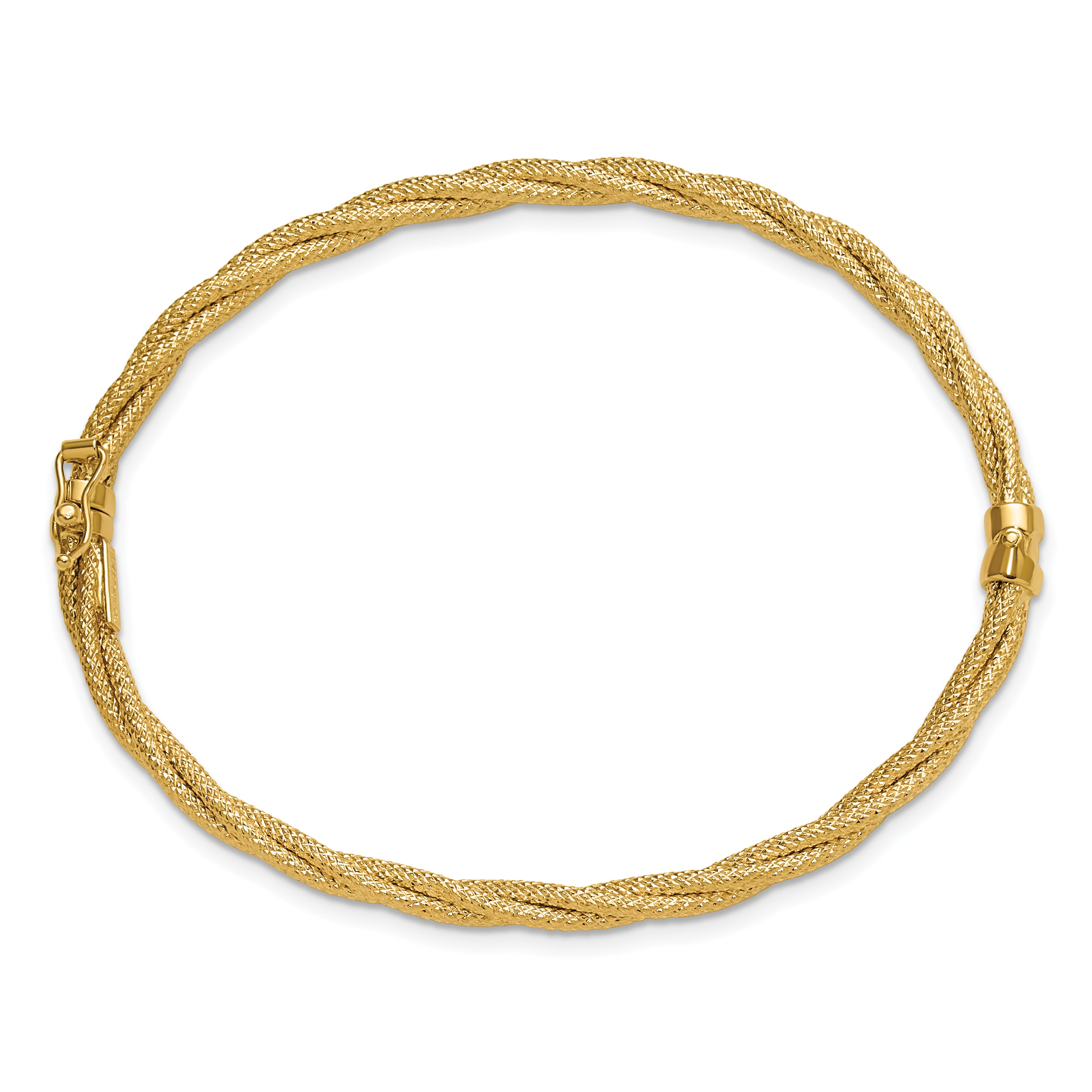 14K Polished and Textured Twisted Hinged Bangle