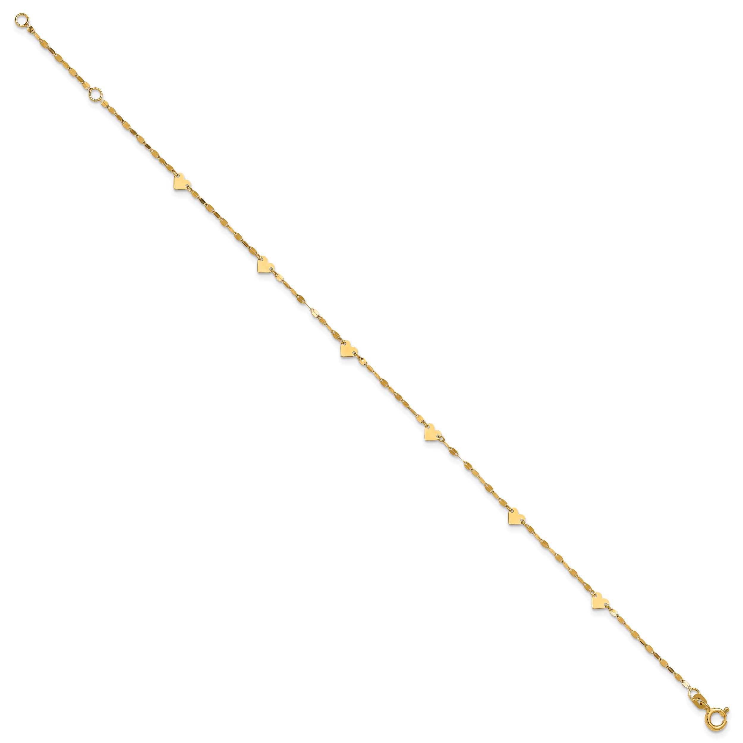 14K Heart  6-Station 9 inch Plus 1 inch Extender - Total 10 inch Anklet