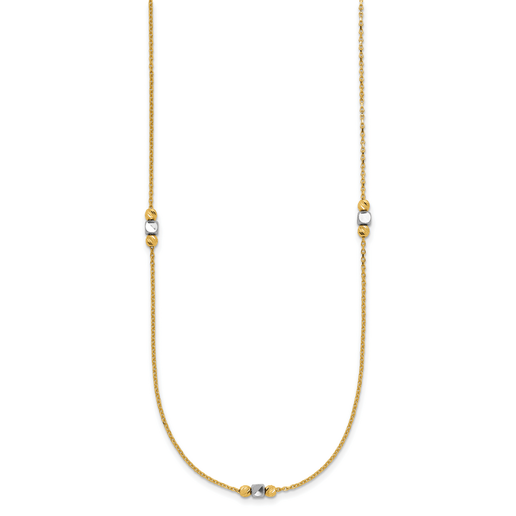 14K Two-tone Polished / Dia-cut Beads w/2in ext. Necklace