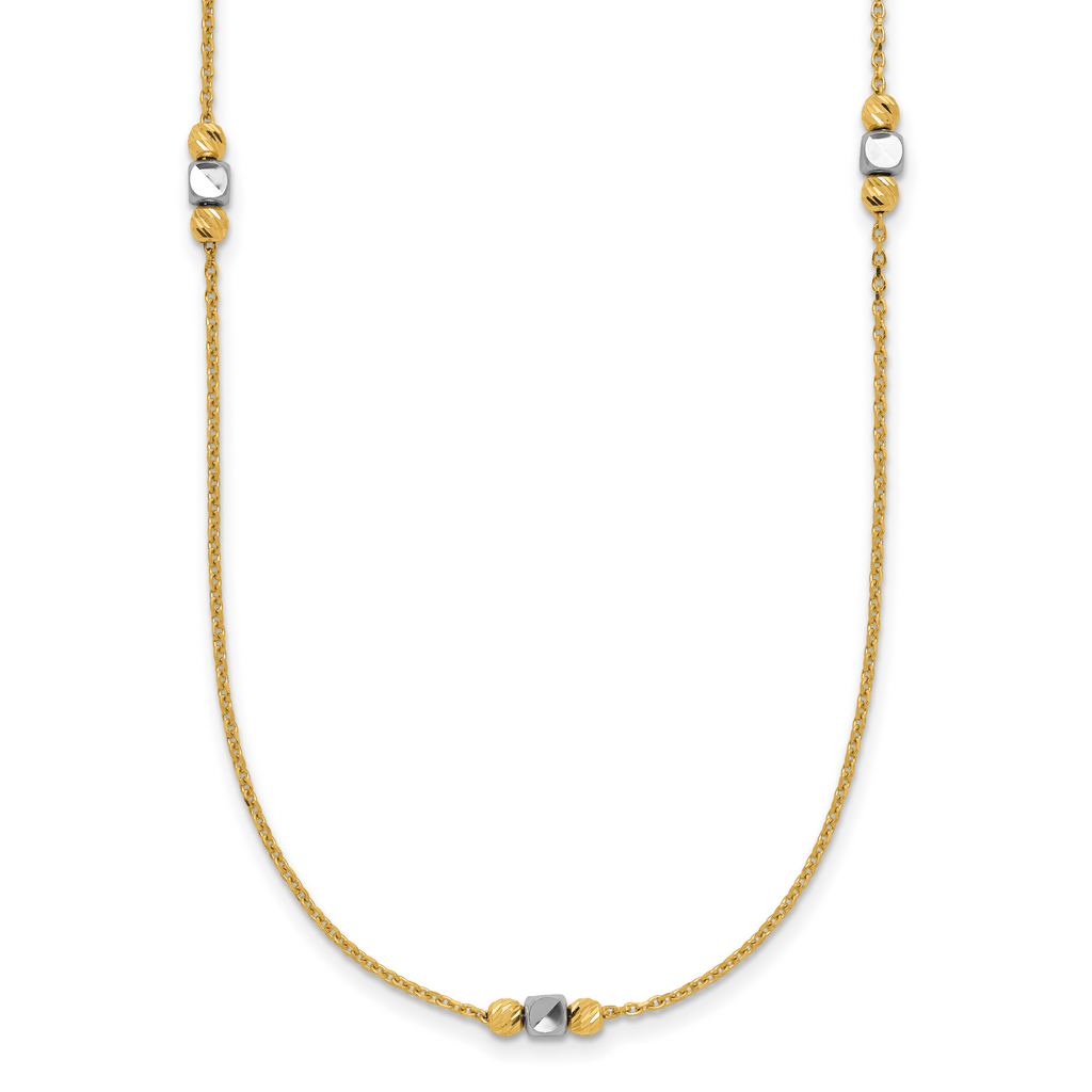 14K Two-tone Polished / Dia-cut Beads w/2in ext. Necklace