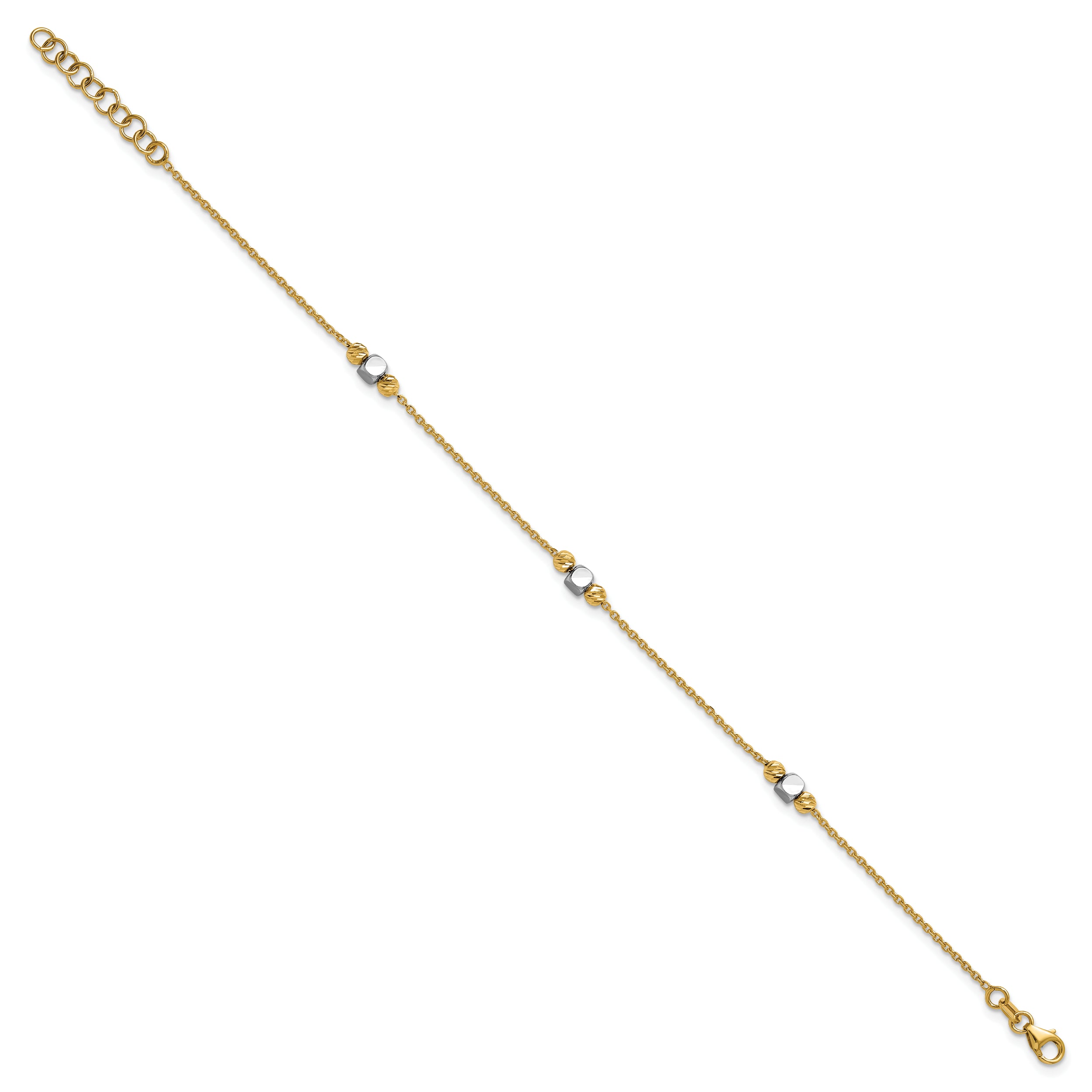 14K Two-tone Polished / Dia-cut Beads w/1in ext. Bracelet
