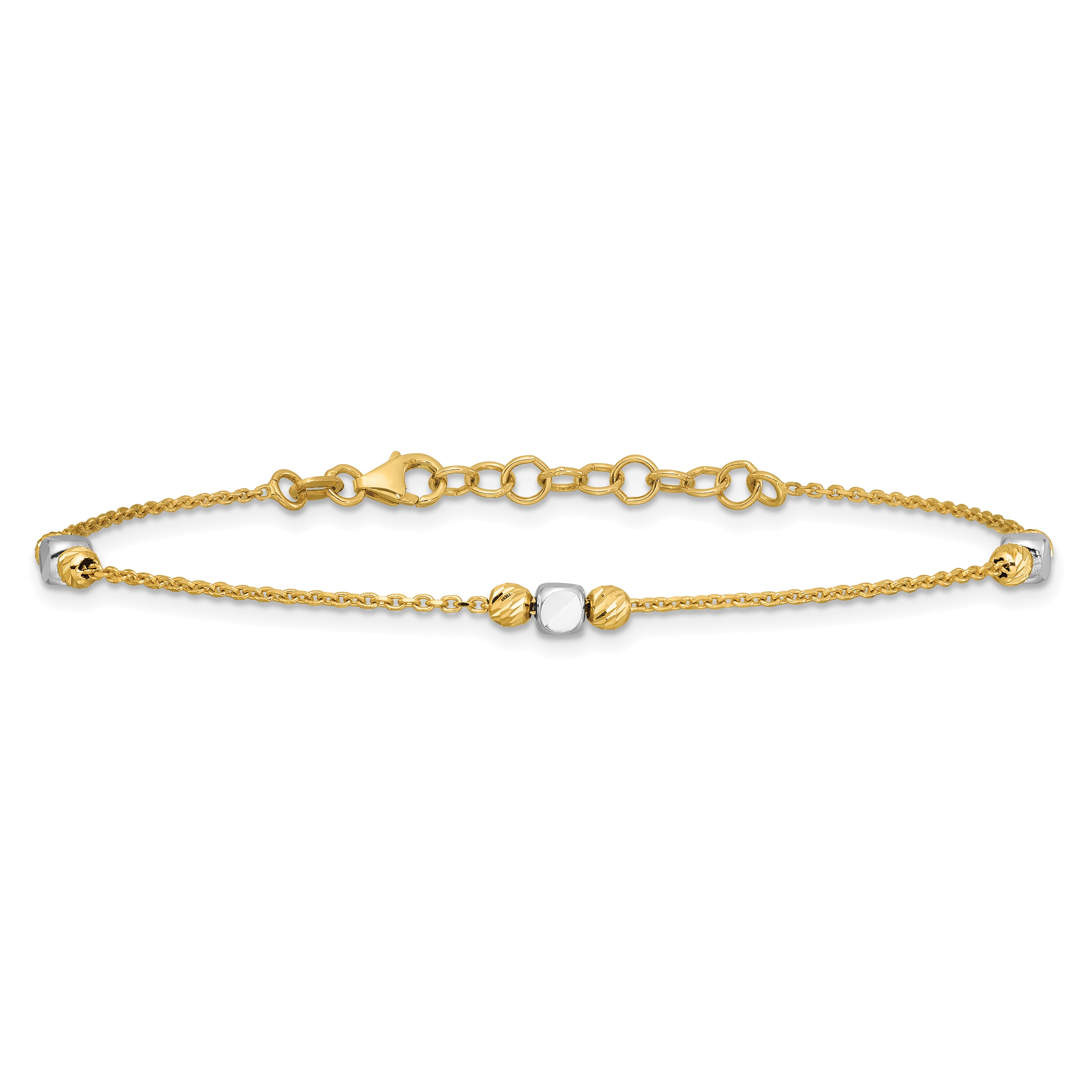 14K Two-tone Polished / Dia-cut Beads w/1in ext. Bracelet