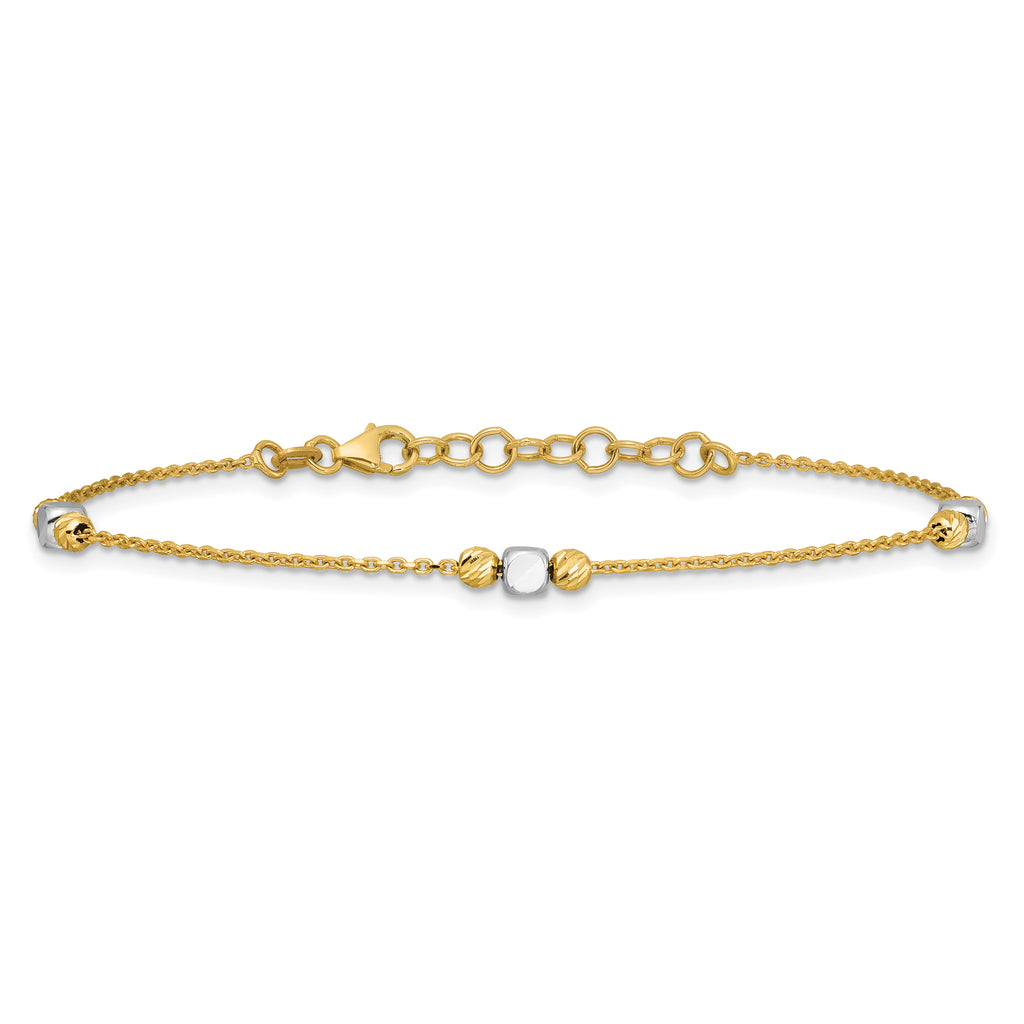 14K Two-tone Polished / Dia-cut Beads w/1in ext. Bracelet