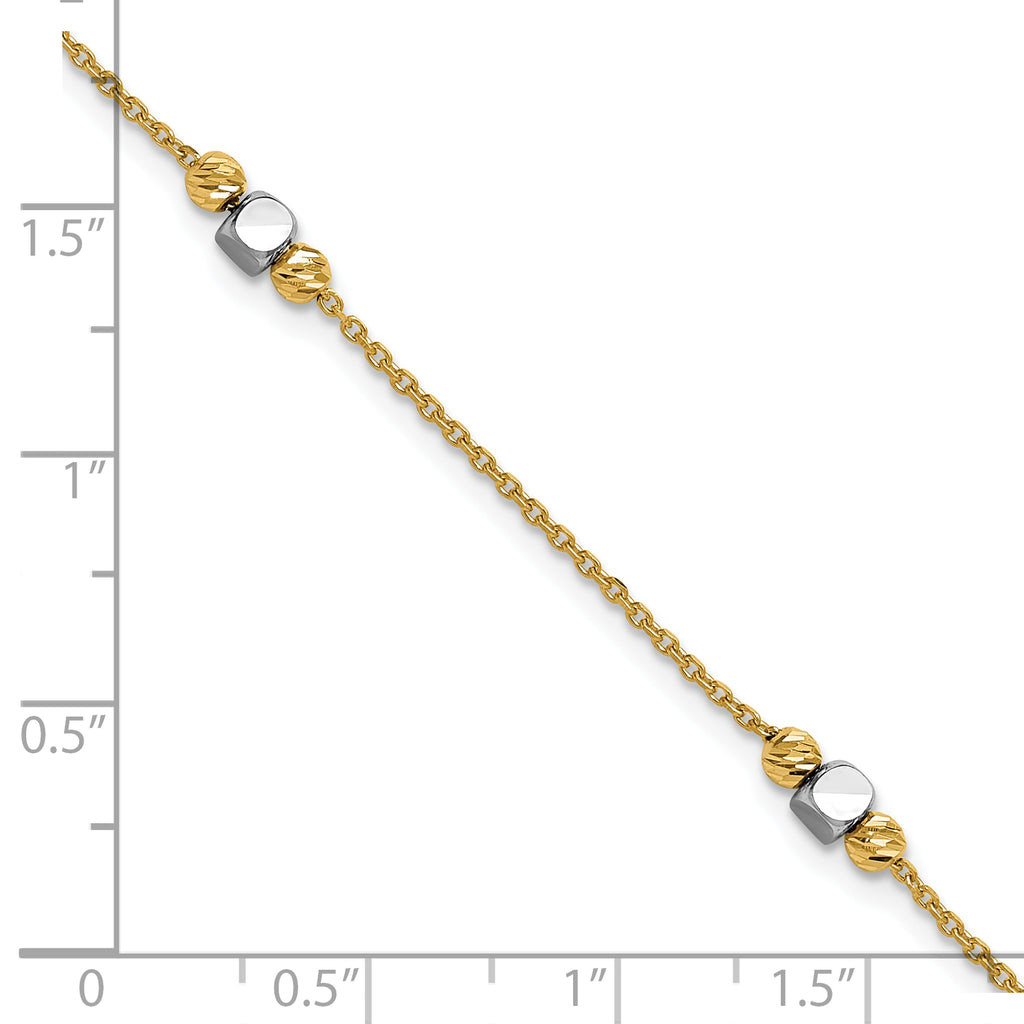 14K Two-tone Polished / Dia-cut Beads w/1in ext. Bracelet