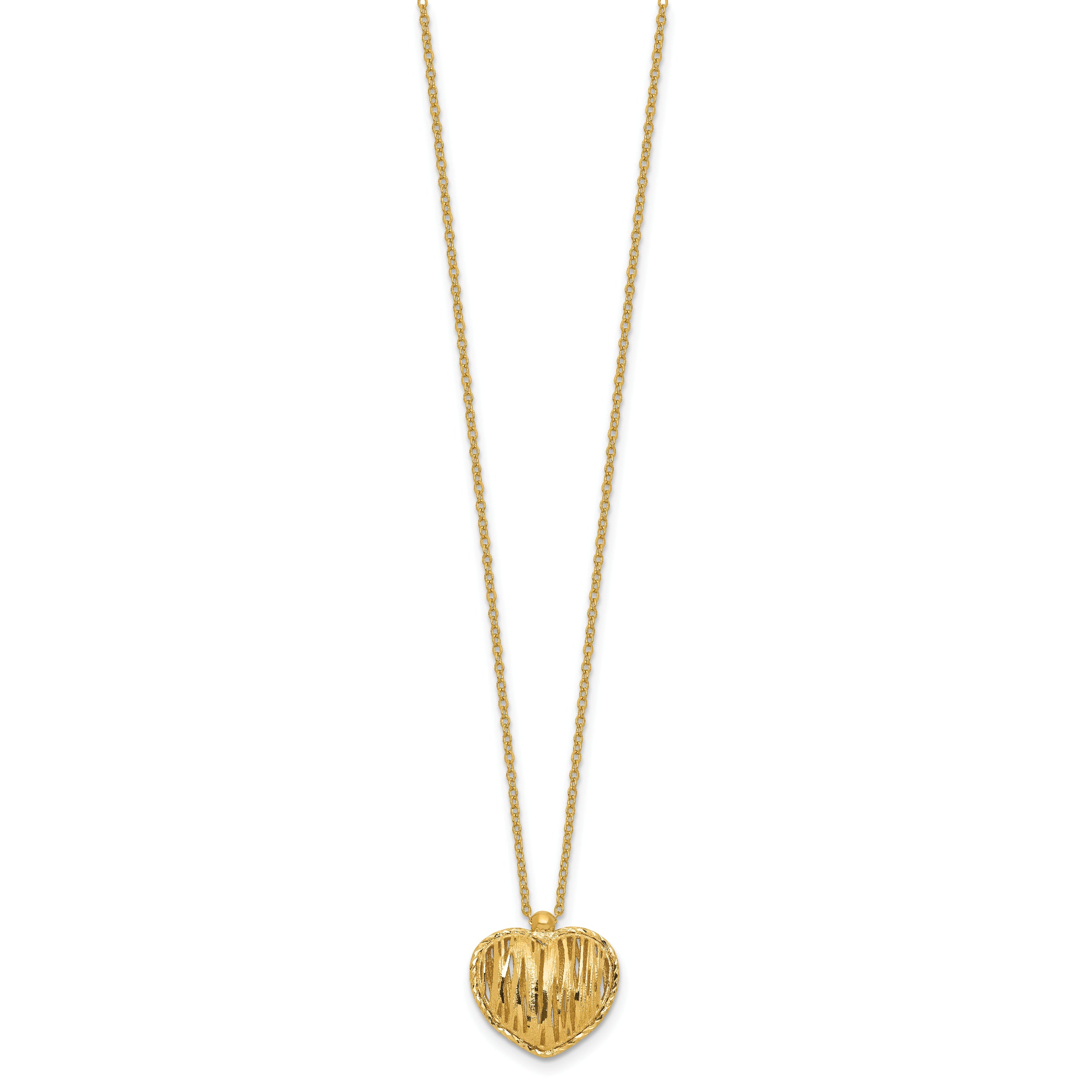 14K Polished / Dia-cut Puffed Heart w/2in ext. Necklace