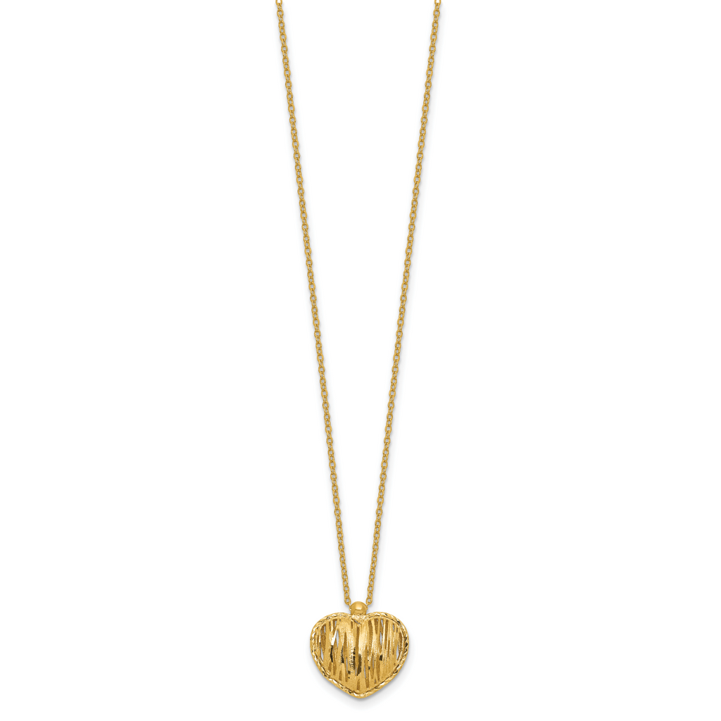 14K Polished / Dia-cut Puffed Heart w/2in ext. Necklace
