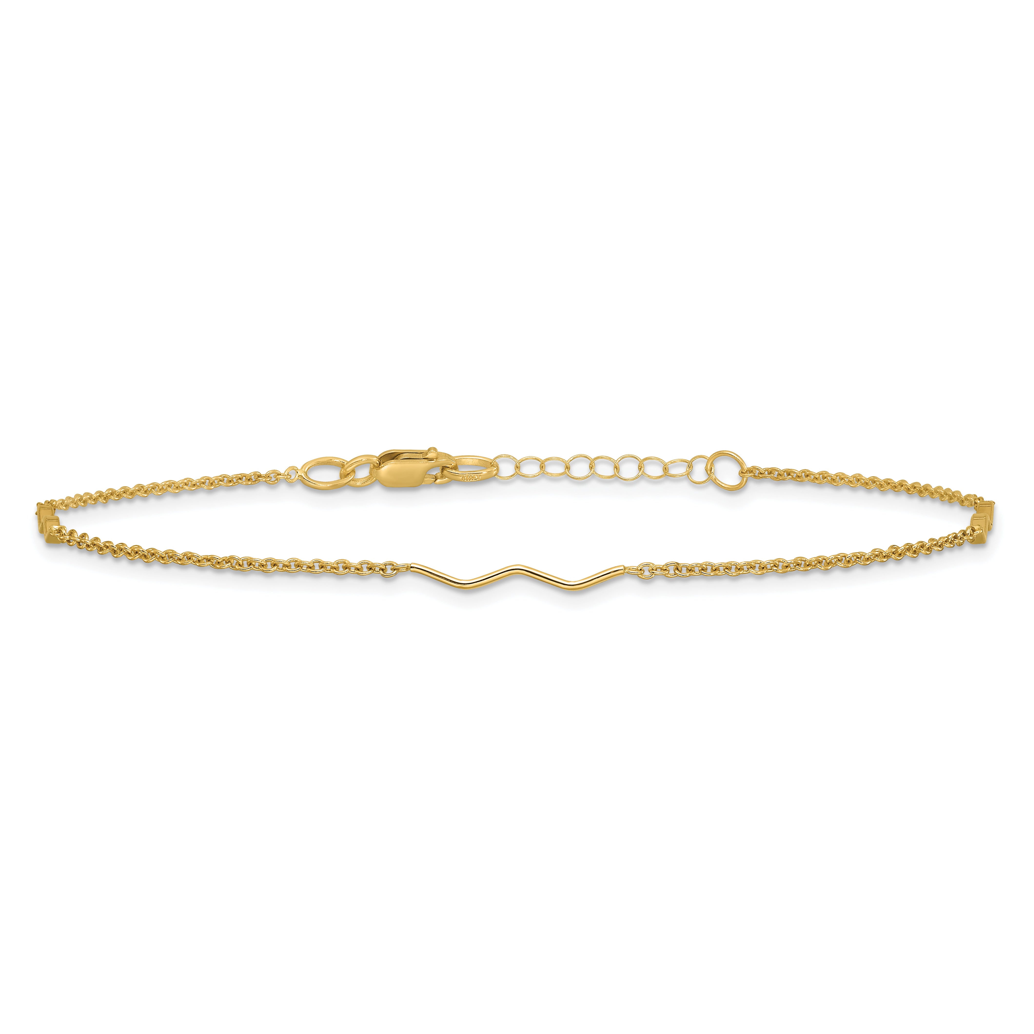 14K Wavy Bar 3-Station 9 inch Plus 1 inch Extender - Total 10 inch Anklet