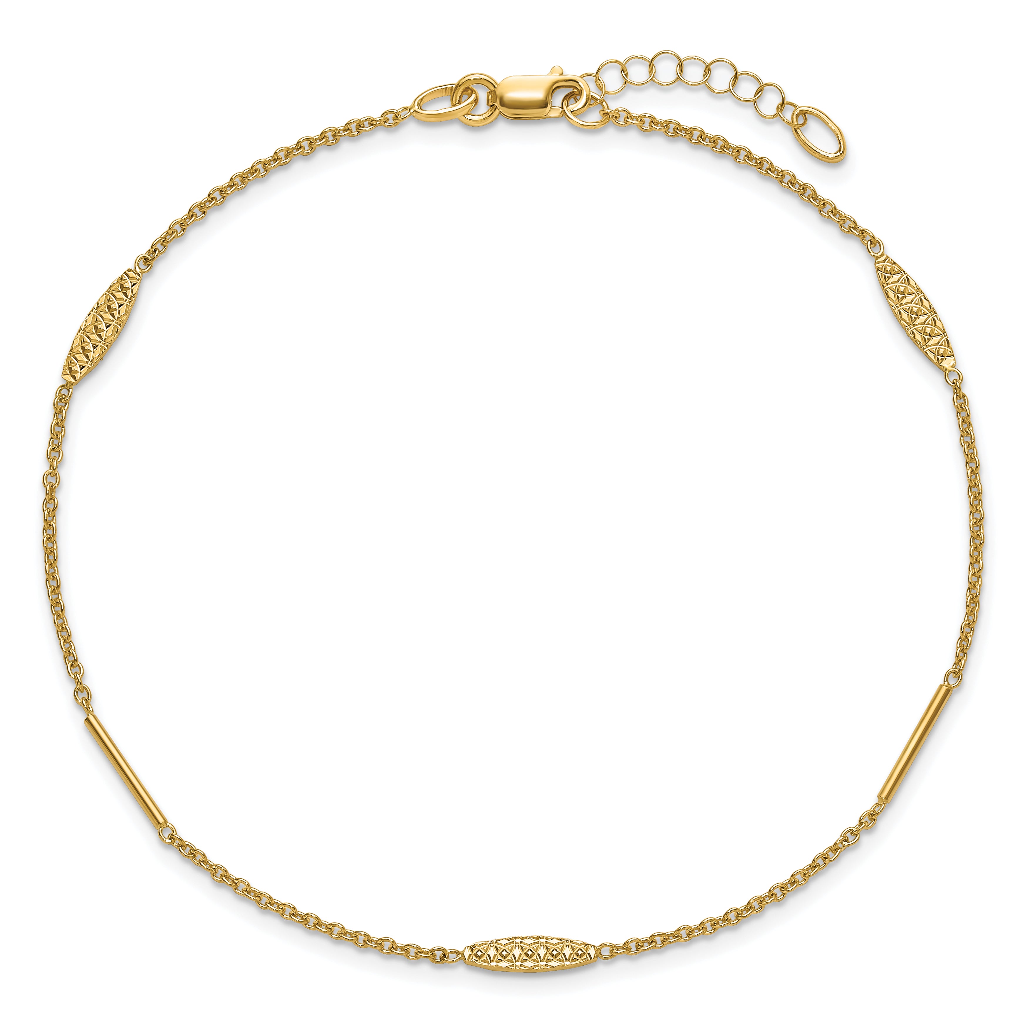 14K Bar and Textured Oval 9 inch Plus 1 inch Extender - Total 10 inch Anklet