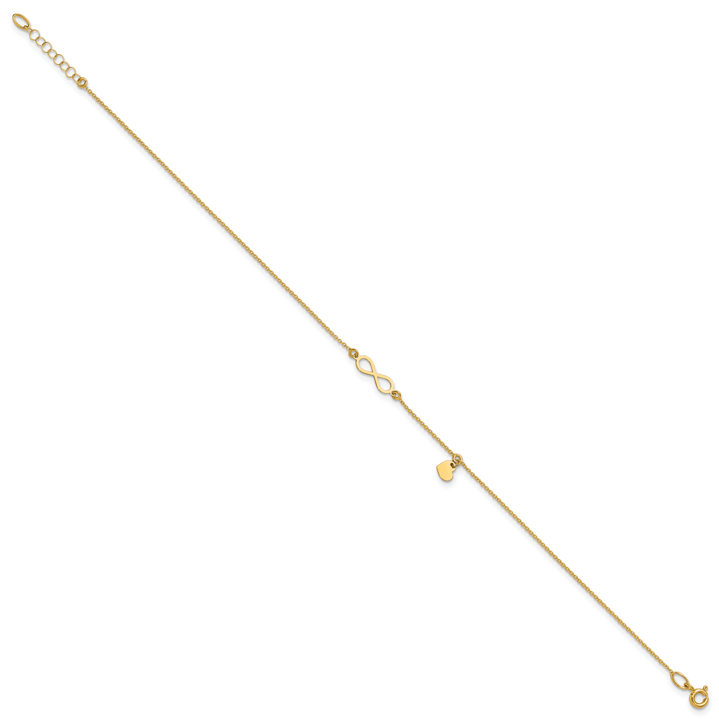 14K Infinity and Dangle Heart 9 inch Plus 1 inch Extender - Total 10 inch Anklet