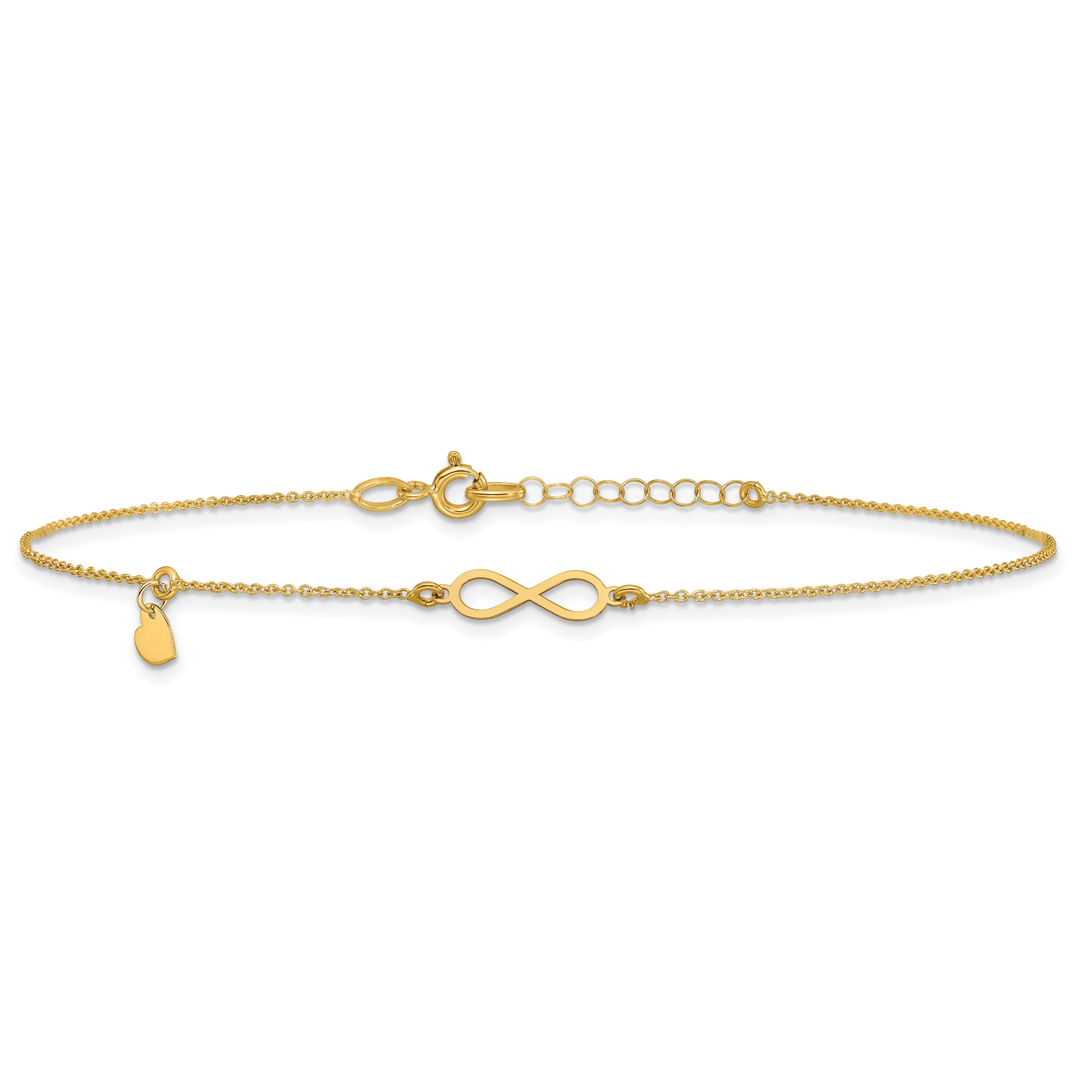 14K Infinity and Dangle Heart 9 inch Plus 1 inch Extender - Total 10 inch Anklet
