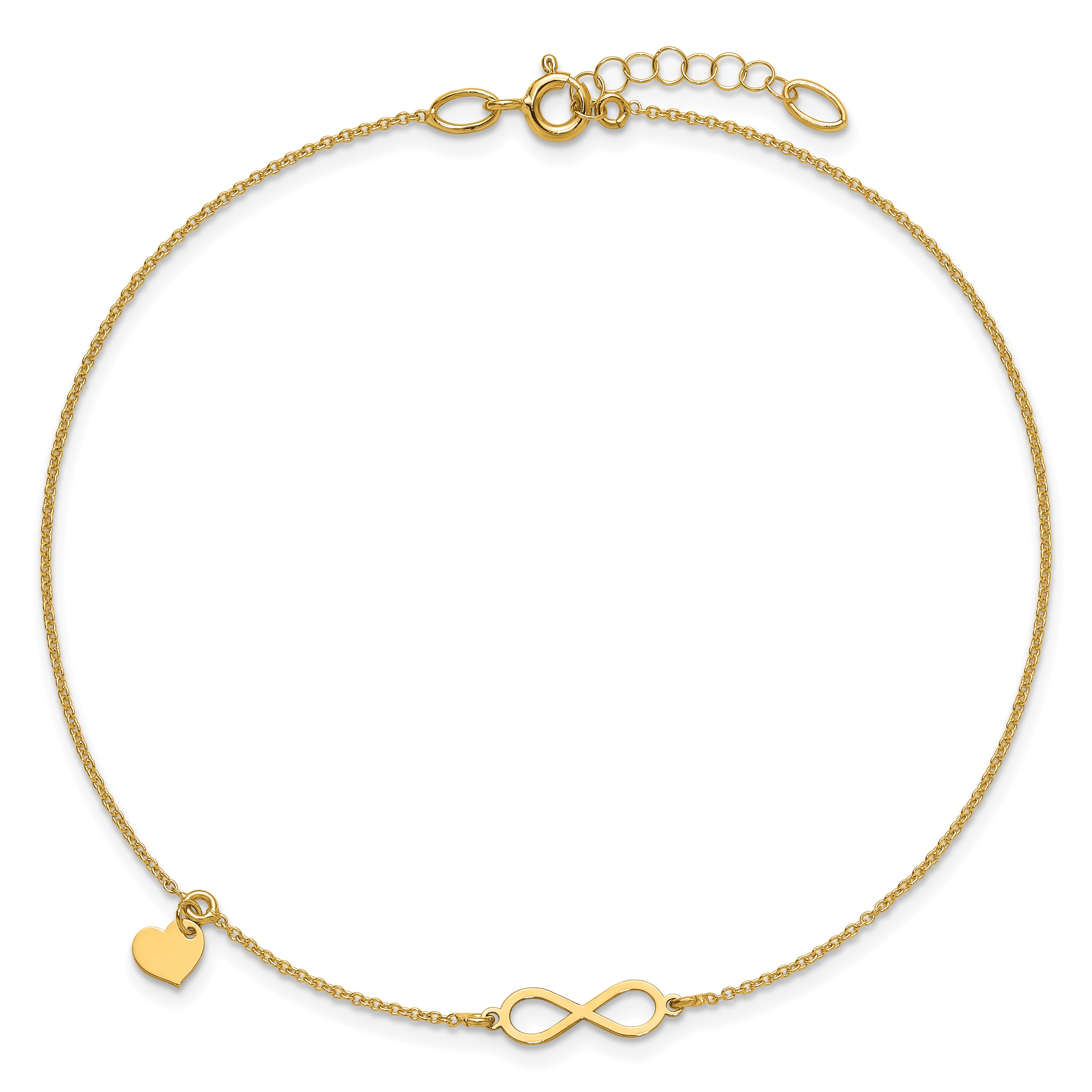 14K Infinity and Dangle Heart 9 inch Plus 1 inch Extender - Total 10 inch Anklet