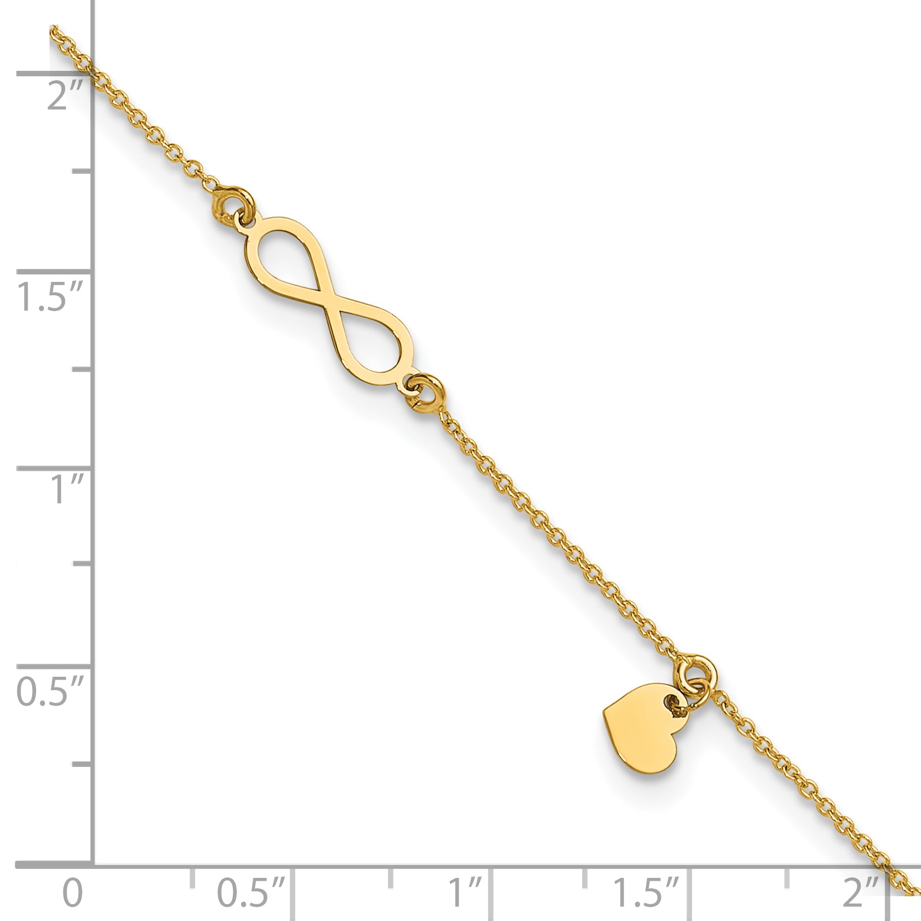 14K Infinity and Dangle Heart 9 inch Plus 1 inch Extender - Total 10 inch Anklet