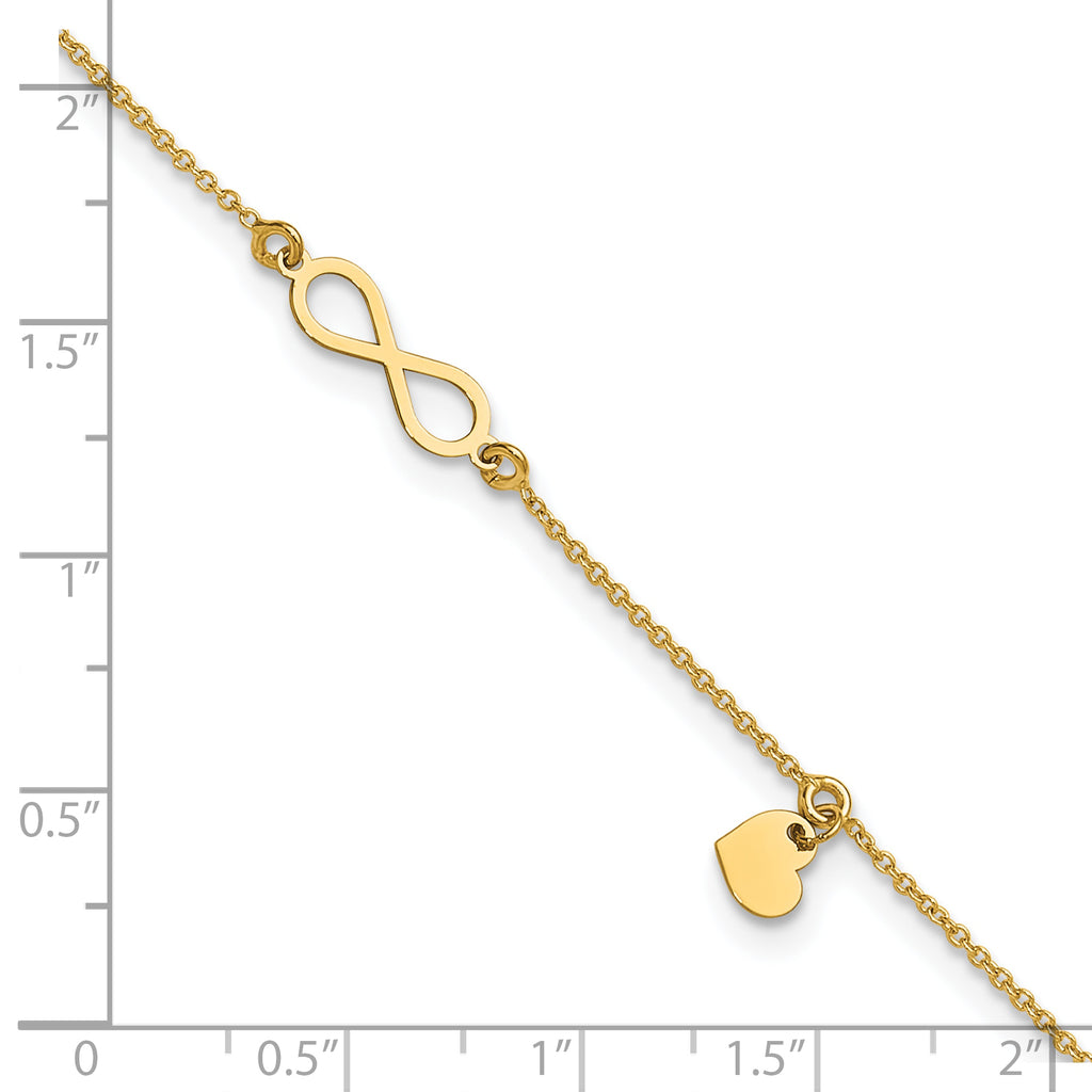 14K Infinity and Dangle Heart 9 inch Plus 1 inch Extender - Total 10 inch Anklet
