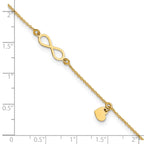14K Infinity and Dangle Heart 9 inch Plus 1 inch Extender - Total 10 inch Anklet