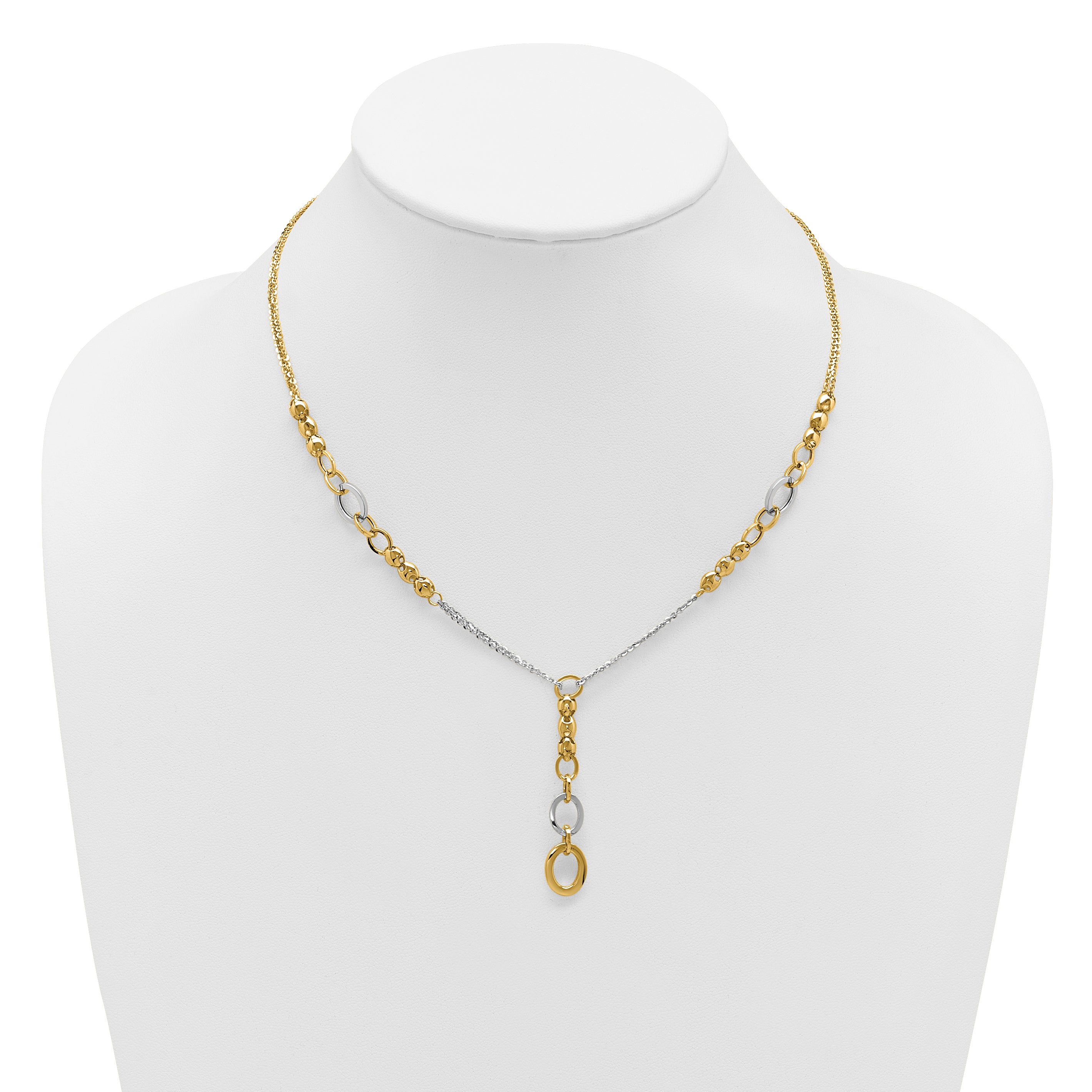 14K w/White RH Polished Fancy 2-Strand Oval Link Necklace