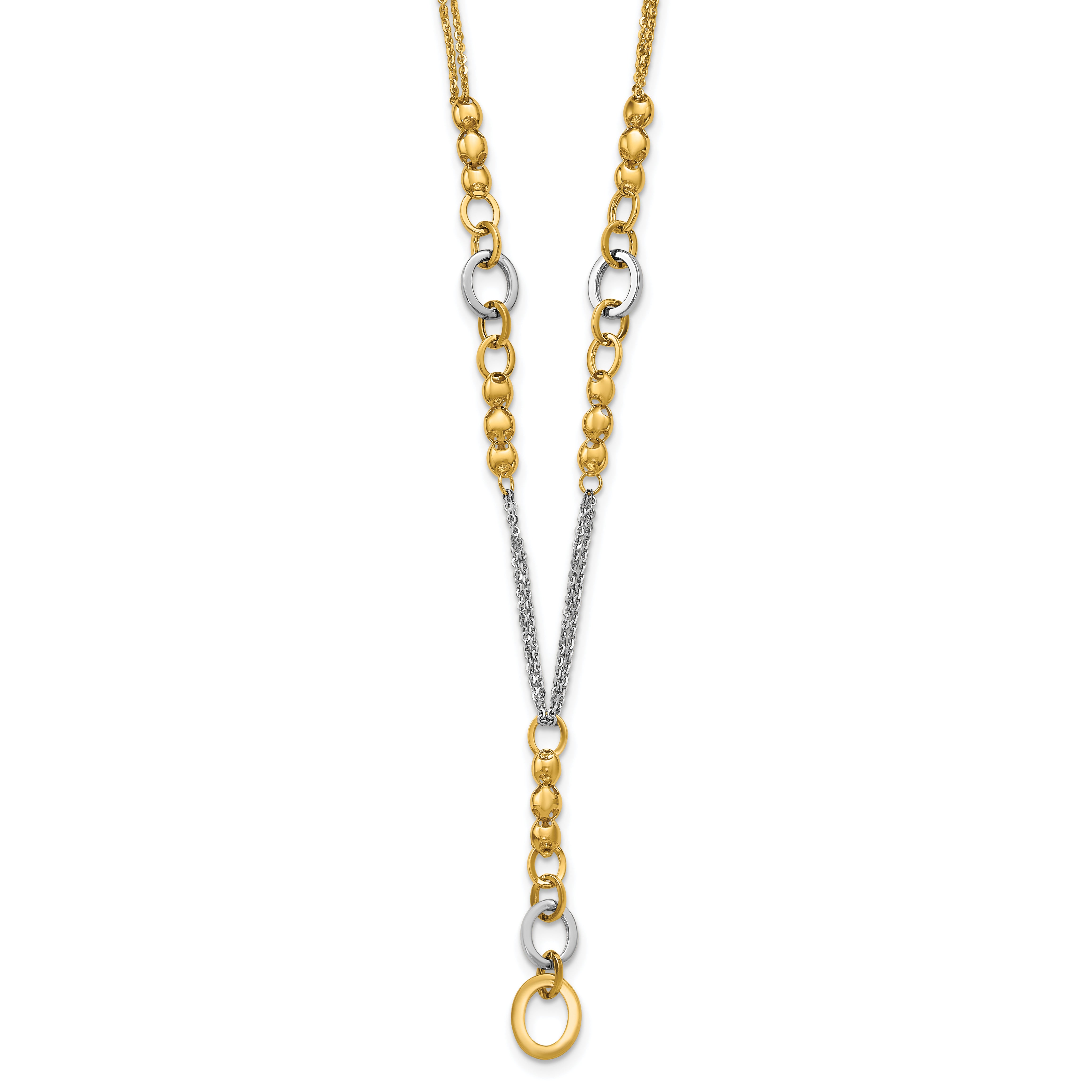 14K w/White RH Polished Fancy 2-Strand Oval Link Necklace