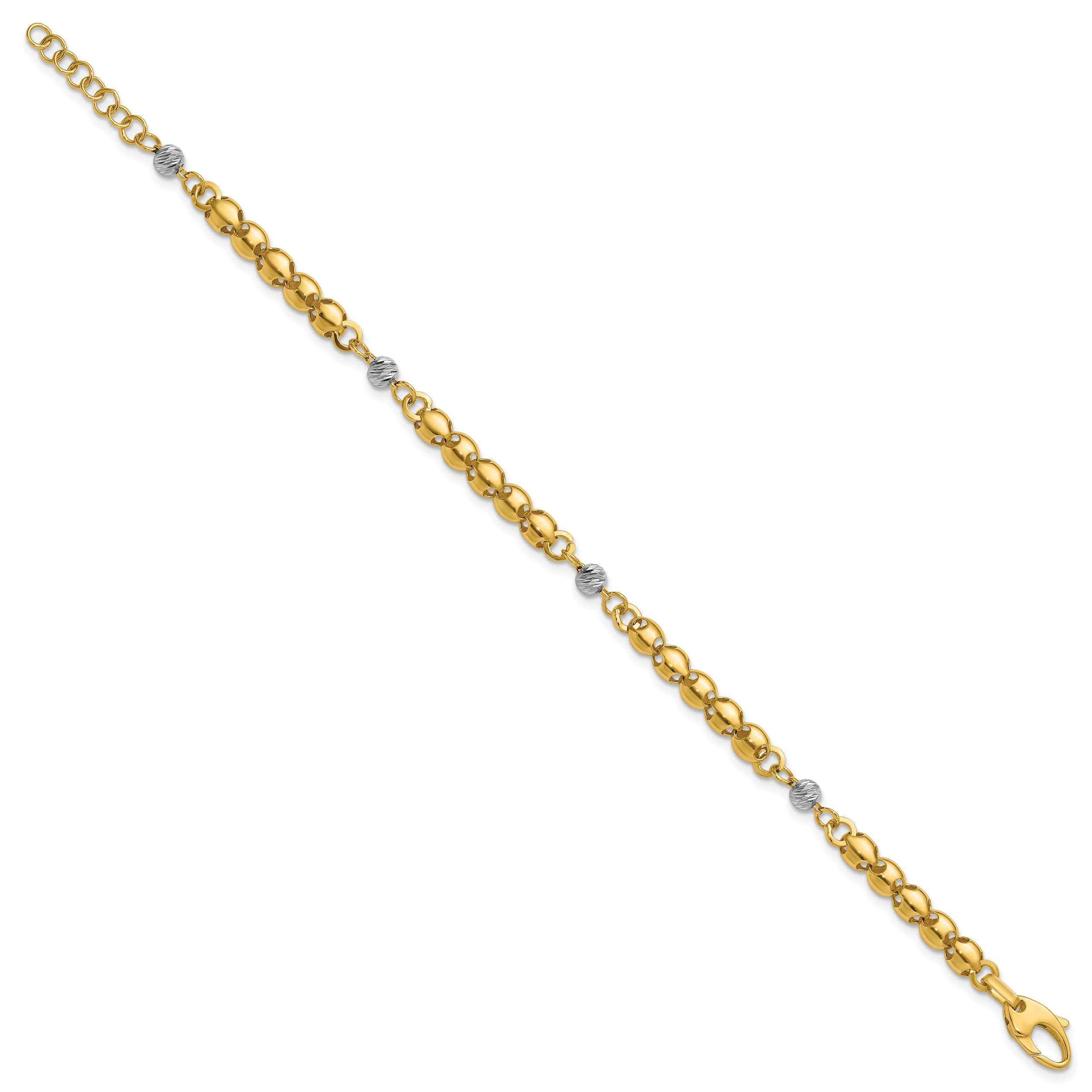 14K w/Rhodium Polished D/C Beaded Oval Link w/1in ext. Bracelet