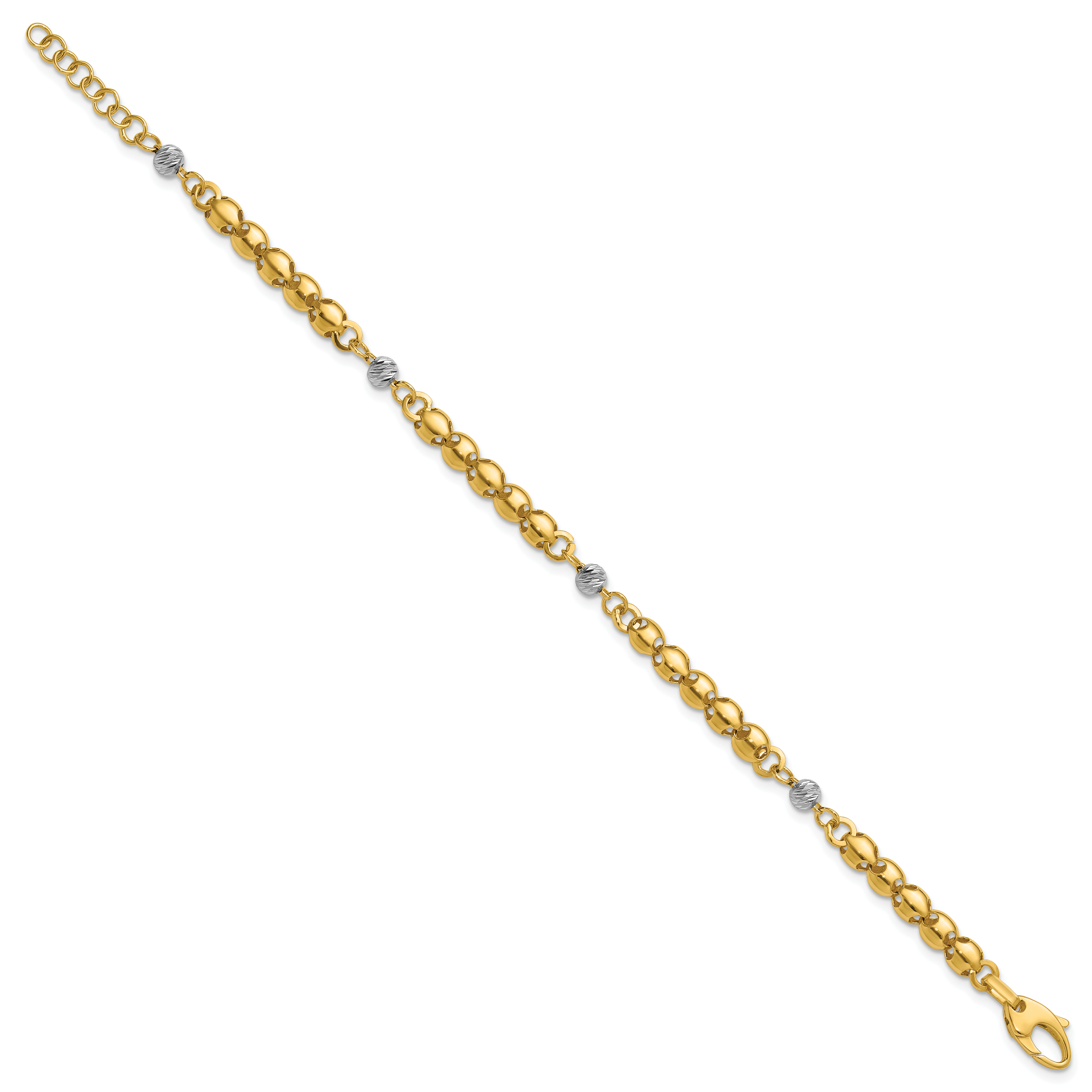 14K w/Rhodium Polished D/C Beaded Oval Link w/1in ext. Bracelet